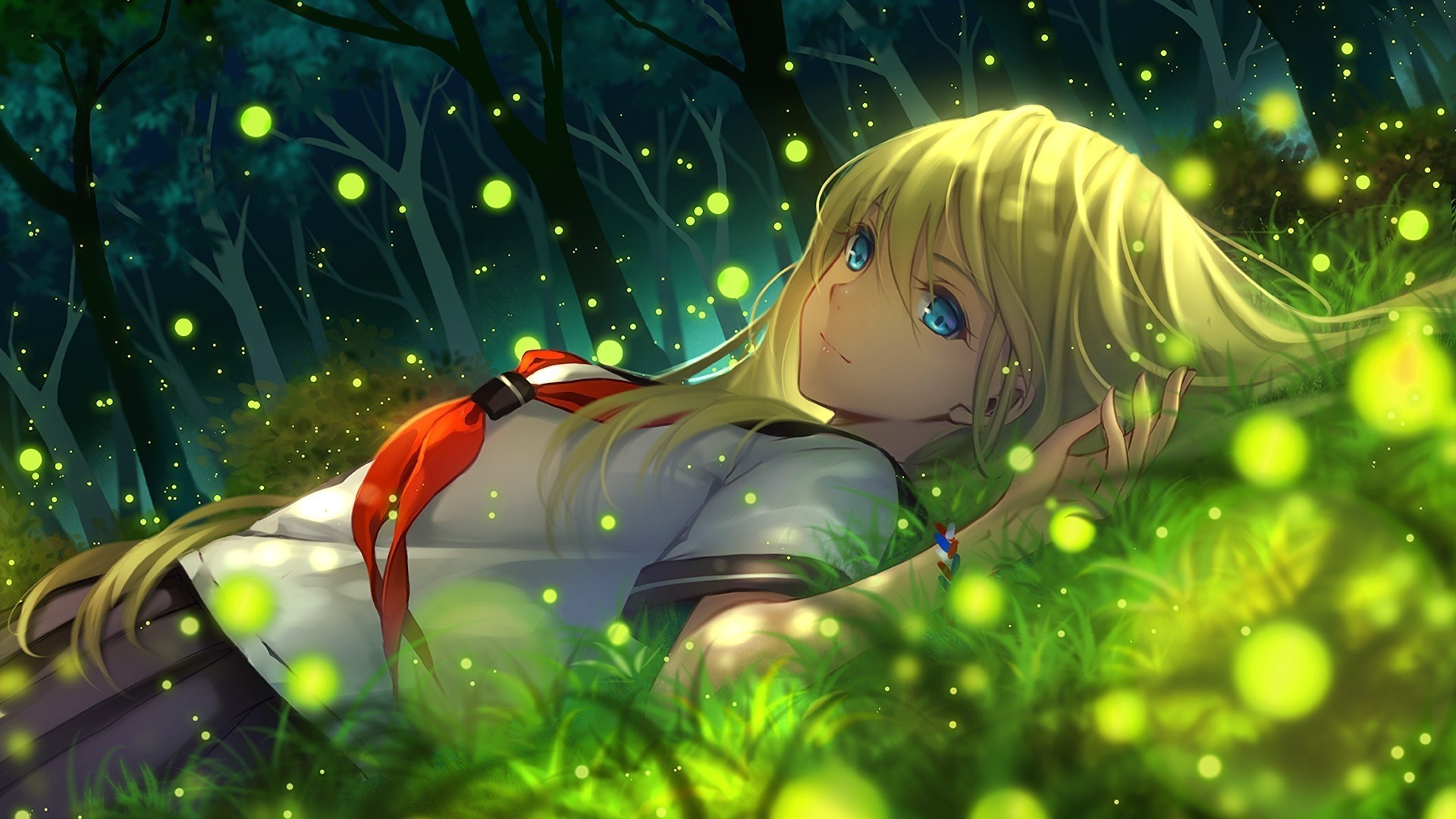 A cute anime girl lies in a forest clearing, surrounded by fireflies. She wears a sailor-style school uniform with a red scarf. Her long, blonde hair fans out around her as she gazes serenely at the glowing insects