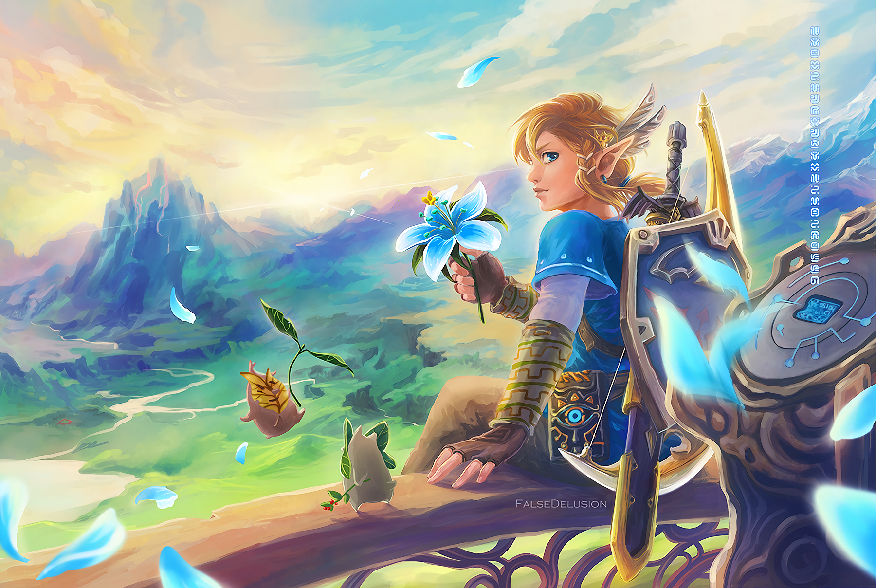 Link from the Legend of Zelda series sits on a wooden railing, holding a Silent Princess flower and overlooking a vast, vibrant landscape