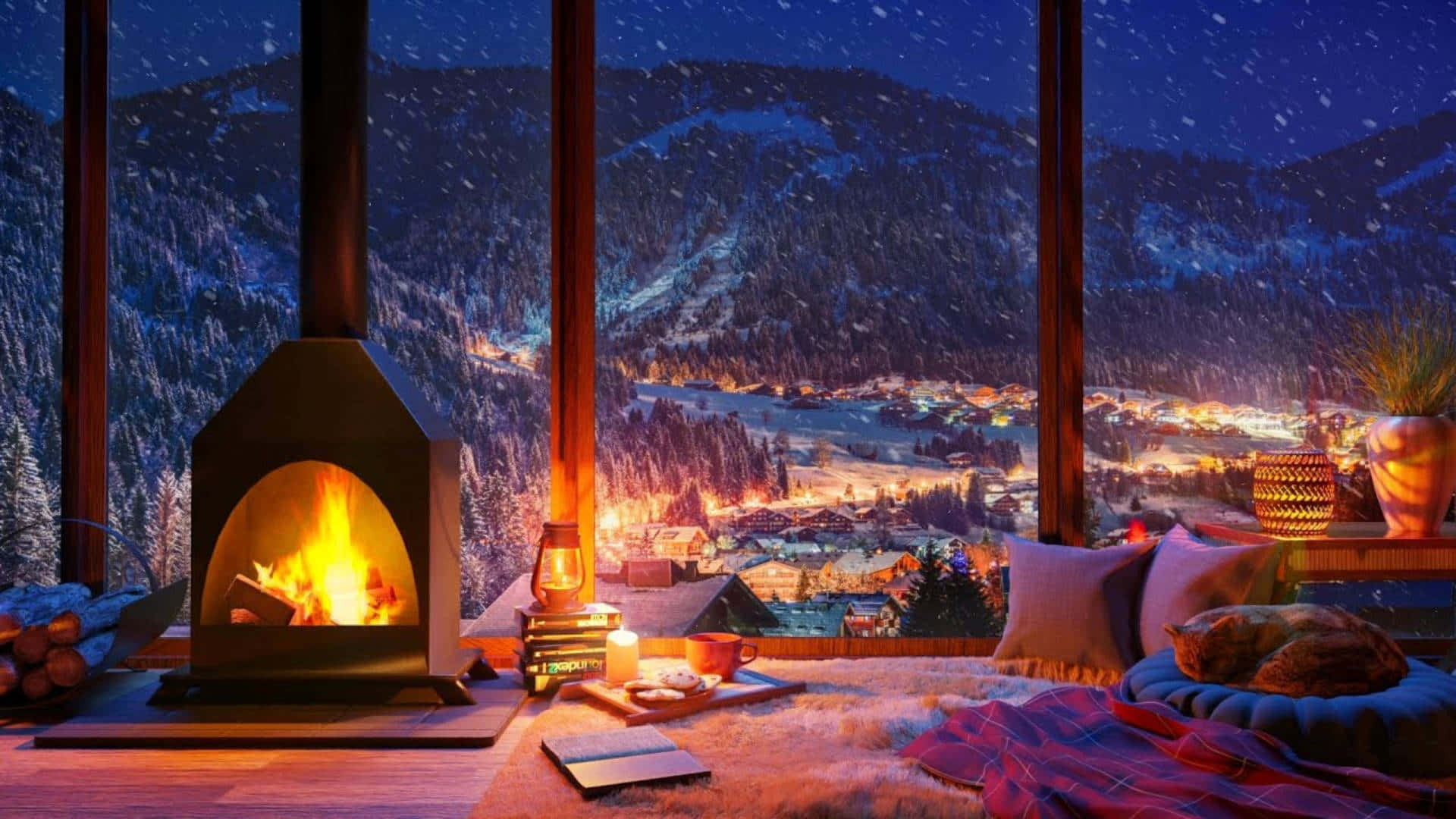 Cozy winter cabin interior with fireplace and snowy mountain view through large windows, perfect for a desktop wallpaper