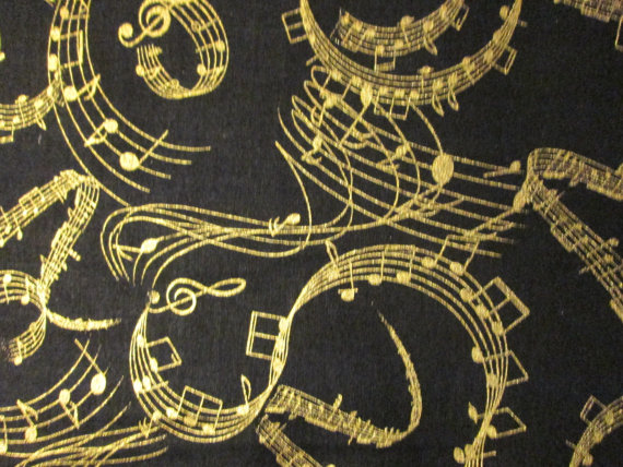 Wavy Music Notes Bars Gold Metallic Black Cottton Fabric Fq Or Custom