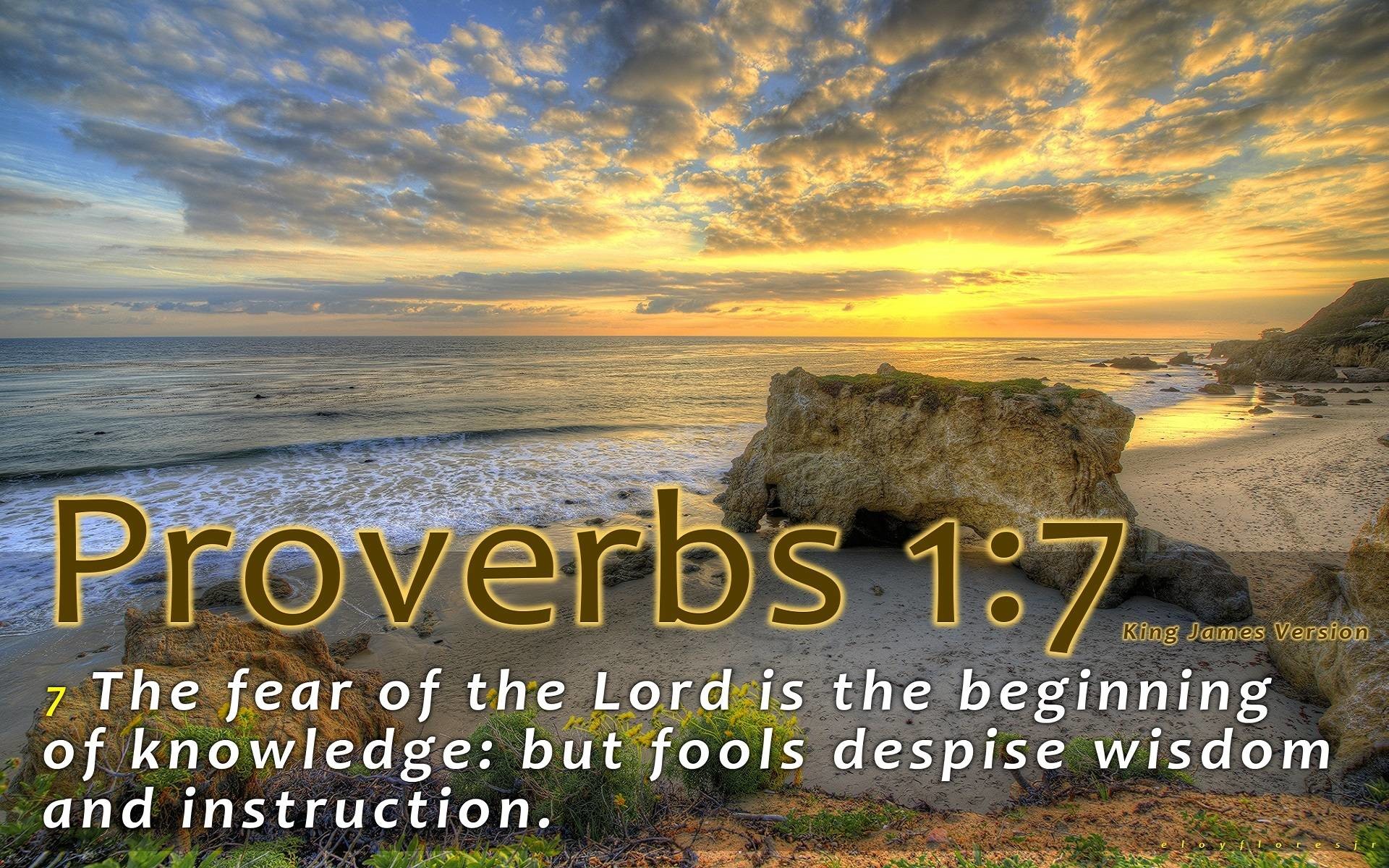 A scenic beach sunset with Proverbs 1:7 about the fear of the Lord being the beginning of wisdom