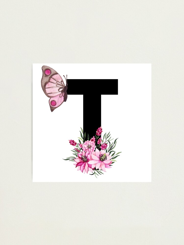 Letter T Pink Flower Alphabet Monogram Butterfly Photographic