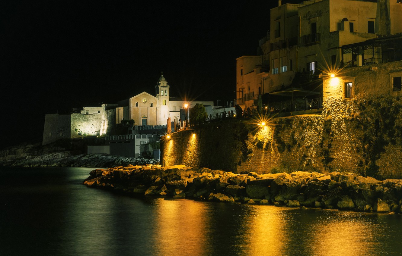 Wallpaper Sea Night Lights Stones Shore Home Italy
