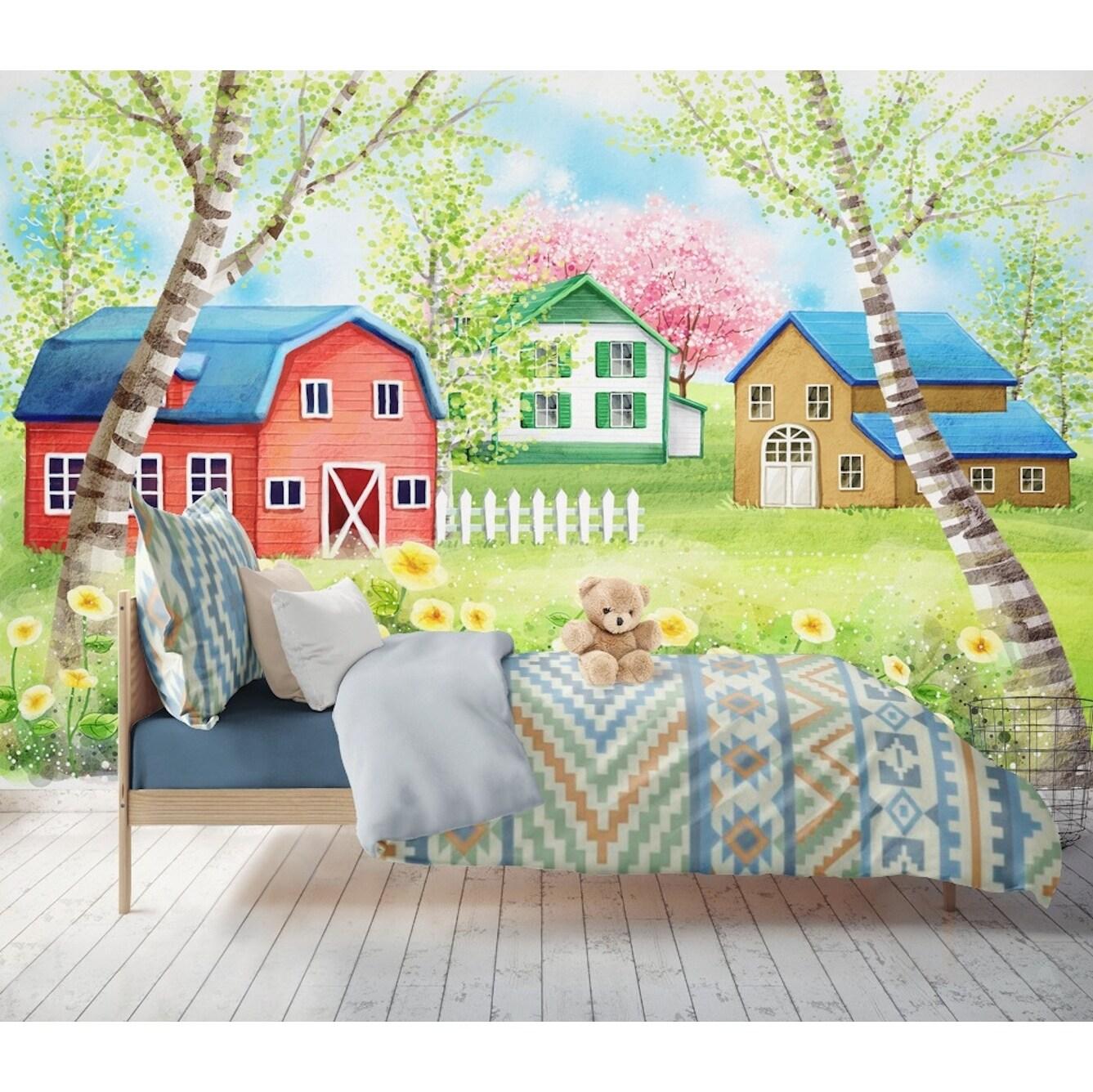 Kids Garden Colorful House Drawing Oil Painting Textile Wallpaper