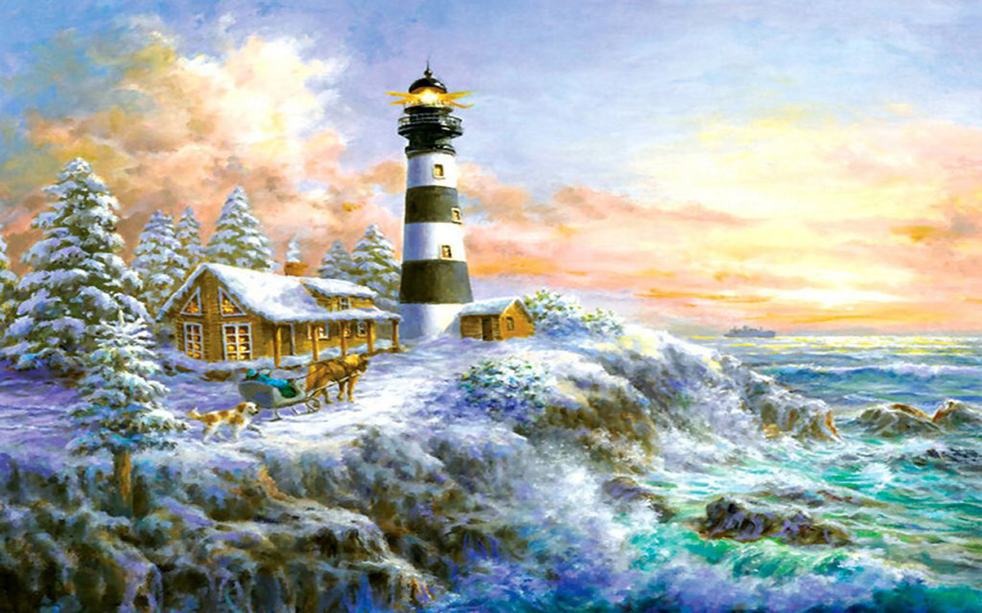 Home Art Painting Lighthouse Near Snow