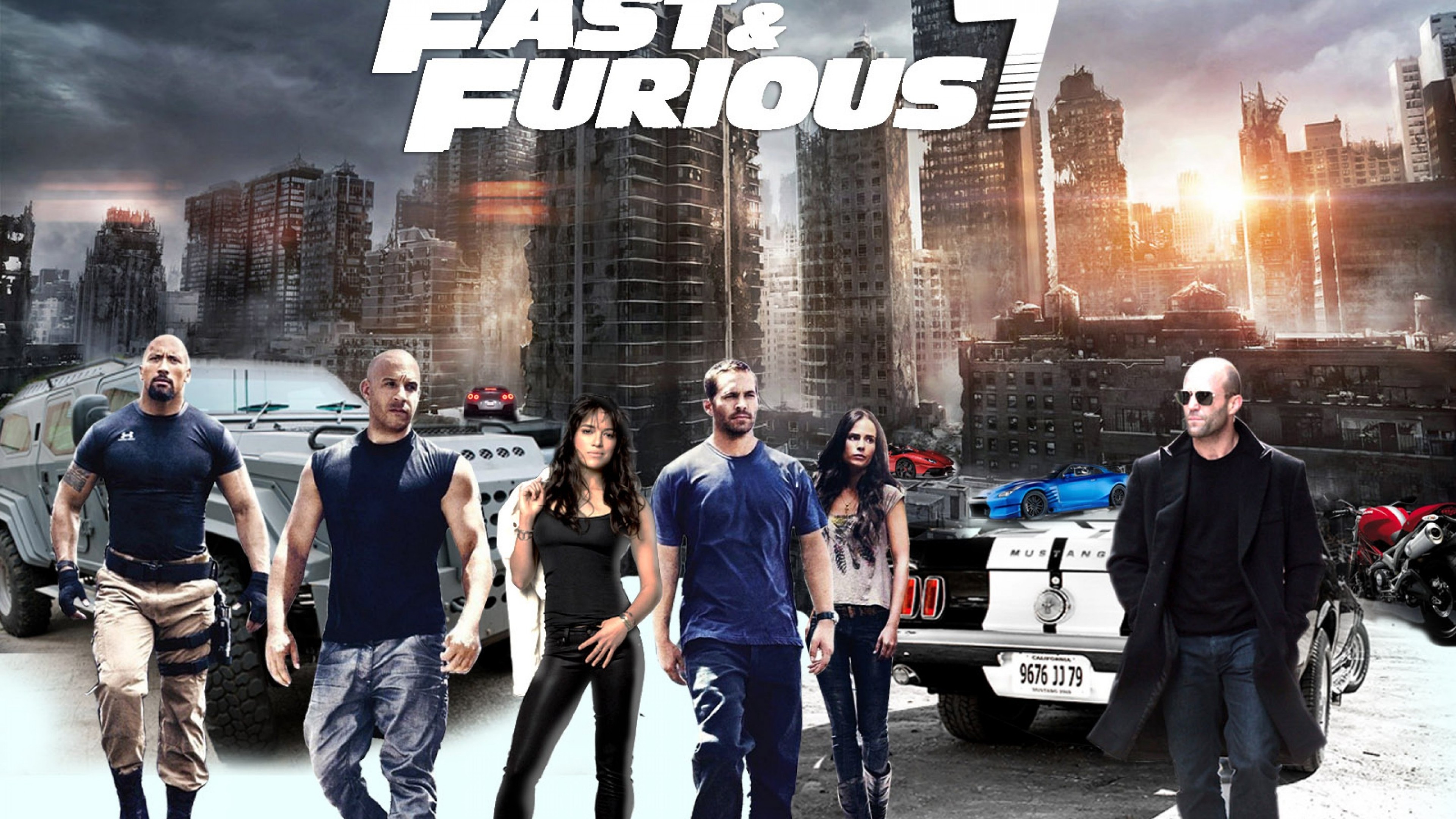 Promotional poster for Fast & Furious 7 featuring main characters and cars against a backdrop of a city skyline