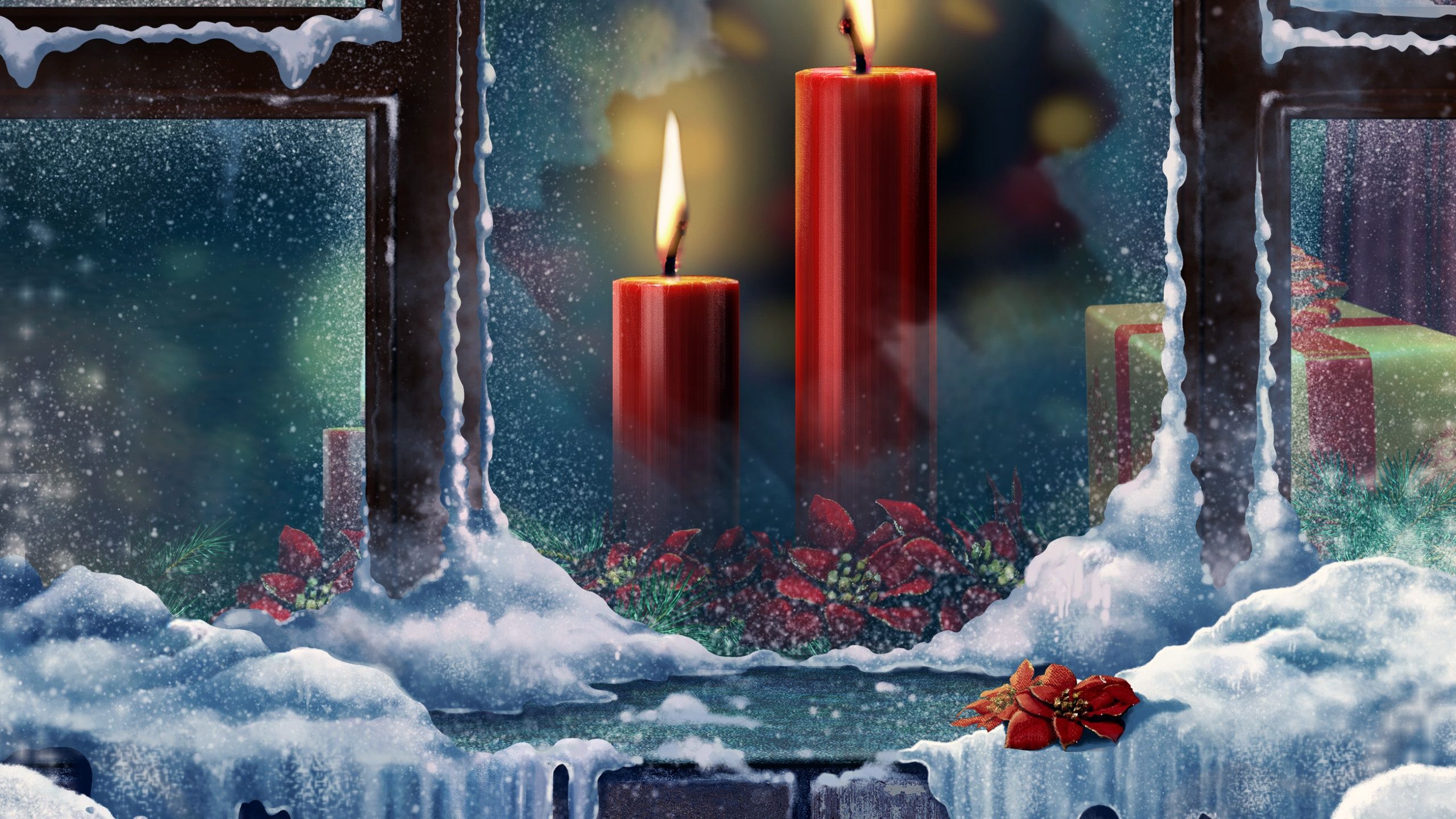 Burning candles outside the window on Christmas wallpapers and images
