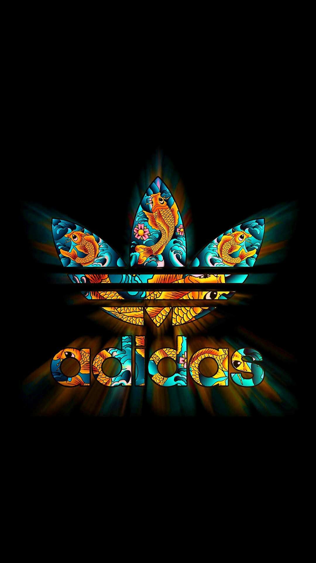 A vibrant and artistic Adidas logo with a koi fish theme on a black background
