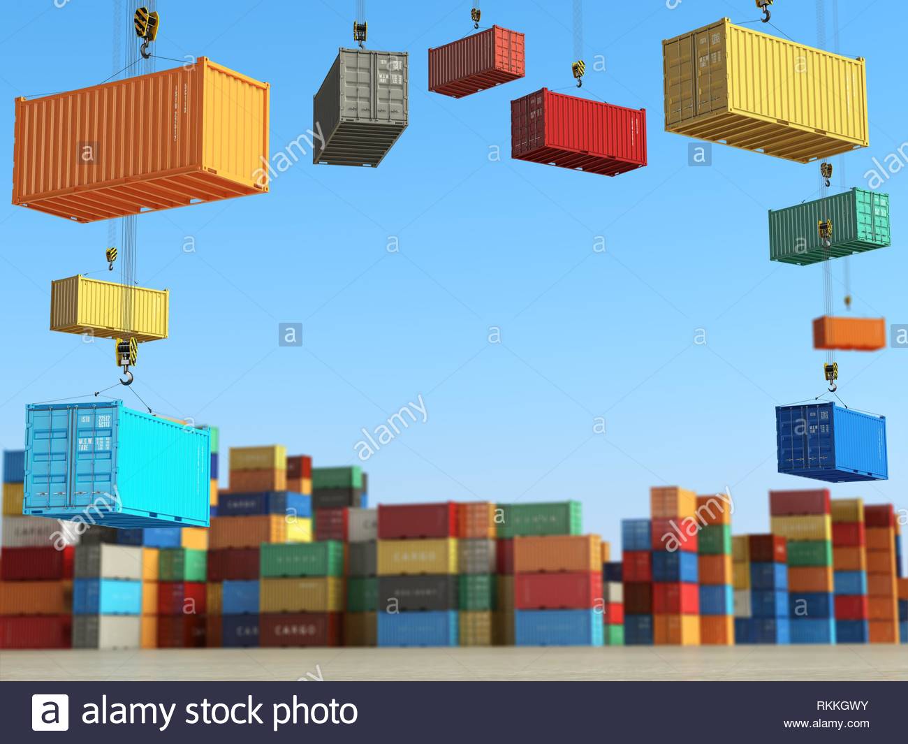 Cargo Containers In Storage Area With Forklifts Delivery Or