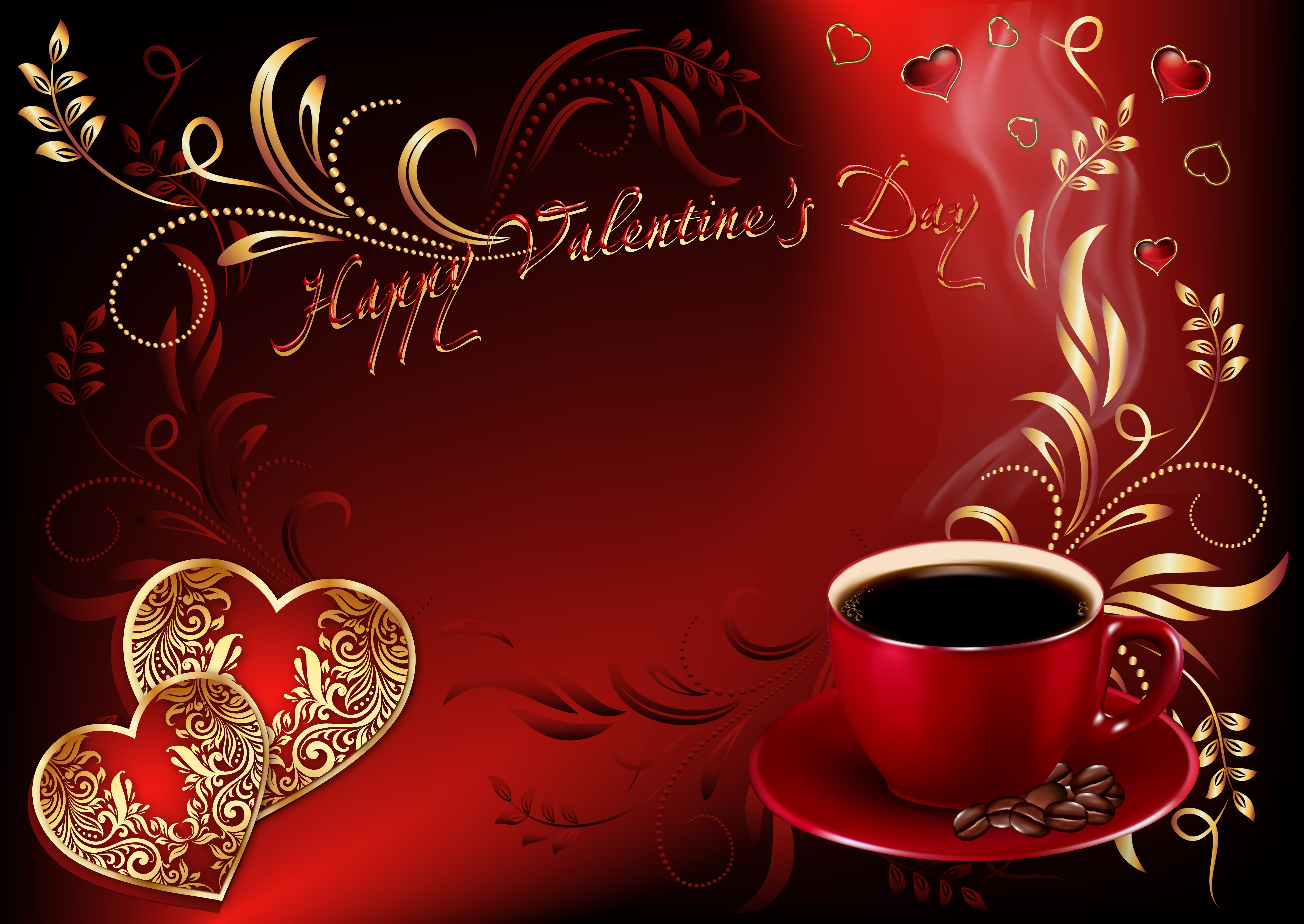 Happy Valentine's Day greeting card with red coffee cup and golden hearts