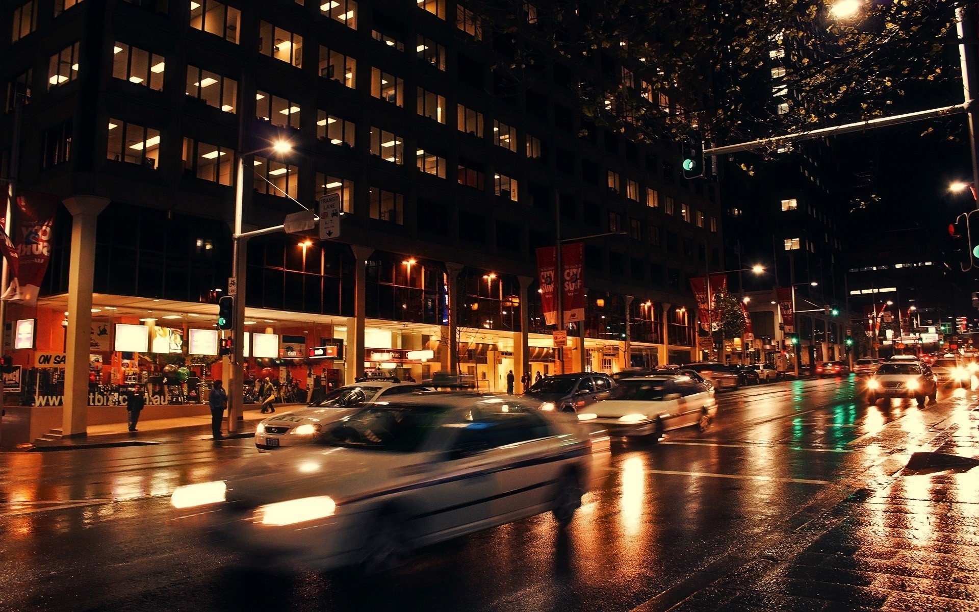 Download Wallpaper city night street lights cars HD Background