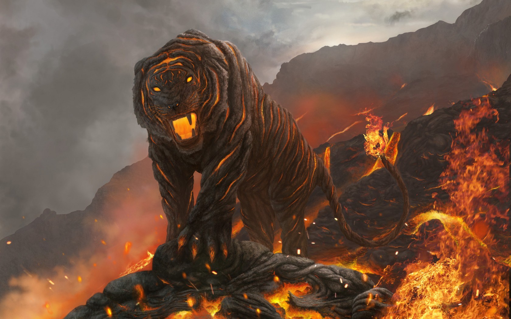 Art Tiger Lava Fire Mountain Fantasy