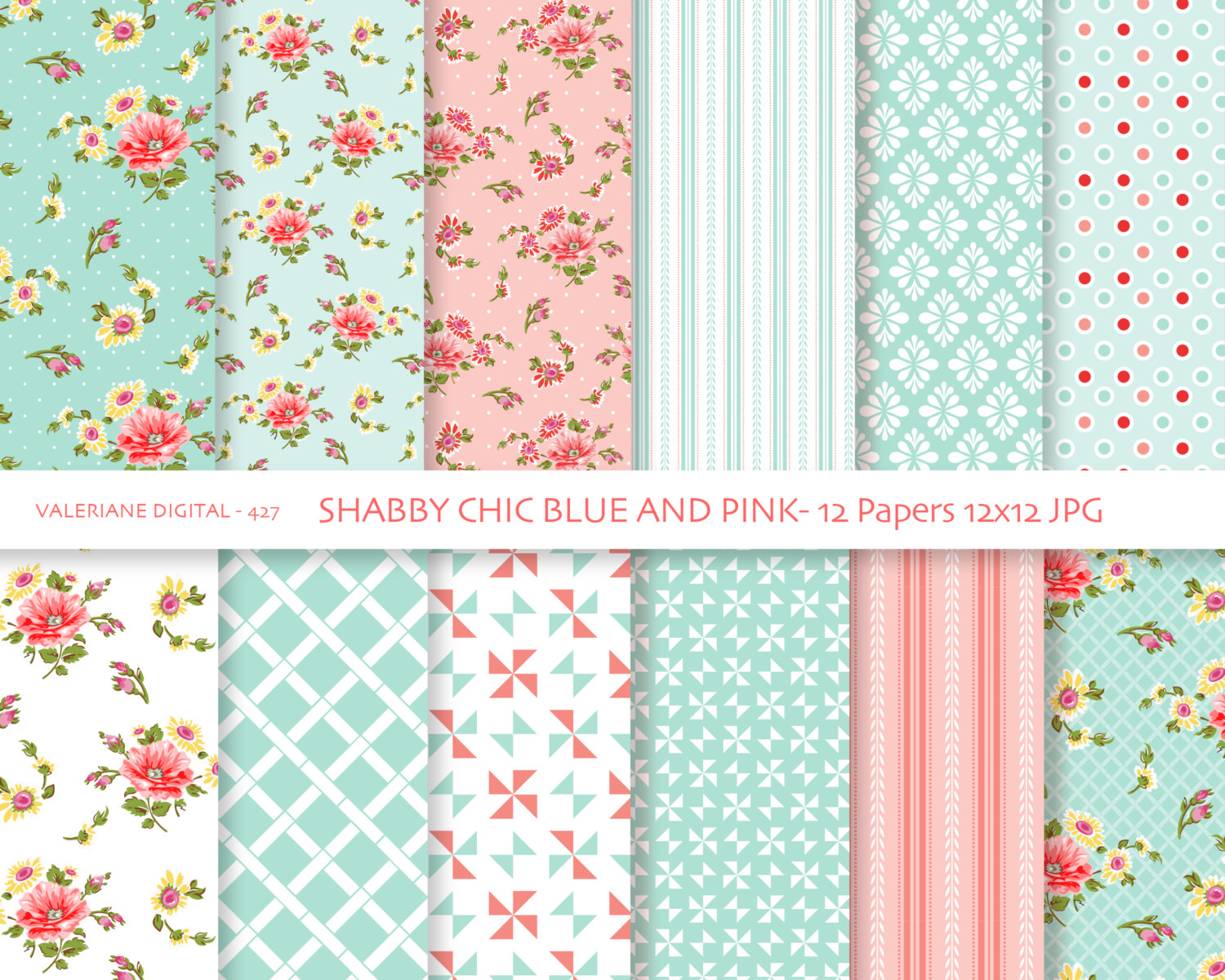 Shabby Chic Digital Paper Pack In Blue And Pink Background