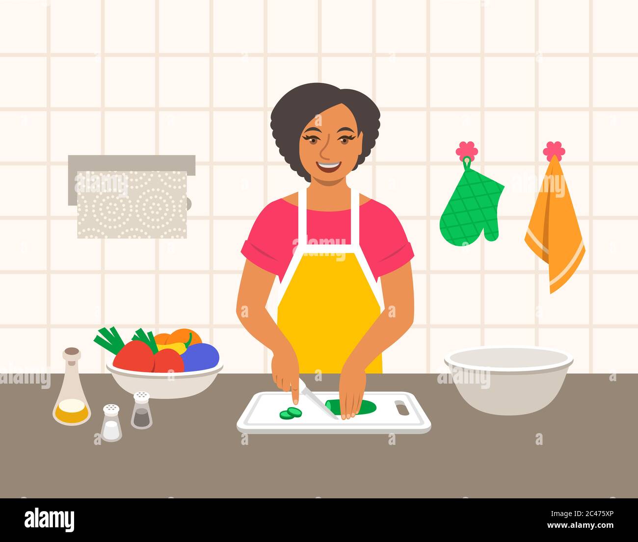 Young modern black woman cuts fresh vegetables for salad or ragout 1300x1105