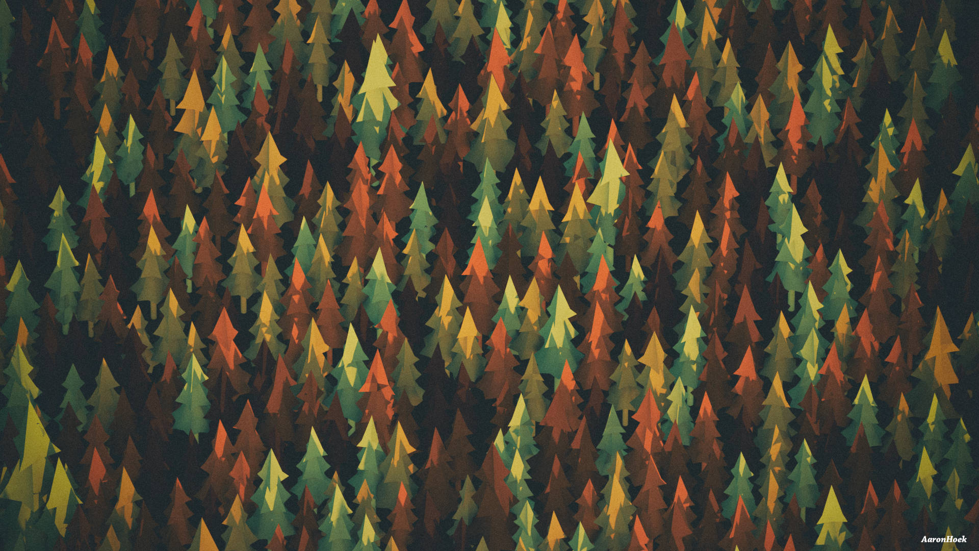 A repeating pattern of stylized trees in muted autumnal colors, ideal for an October fall wallpaper