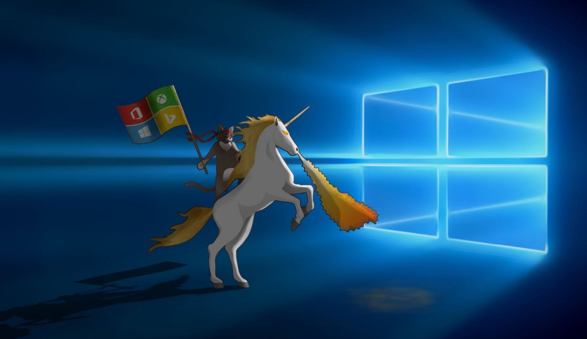 Windows 10 hero wallpaper combined with Ninja Cat on a Unicorn is pure