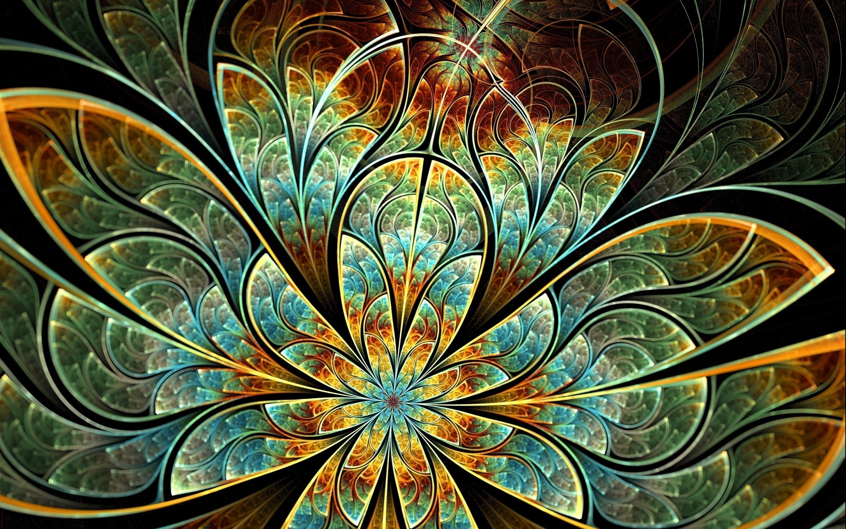 A vibrant and intricate abstract fractal art design, resembling a colorful flower or kaleidoscope with detailed patterns and a symmetrical structure. Suitable for use as an abstract art wallpaper