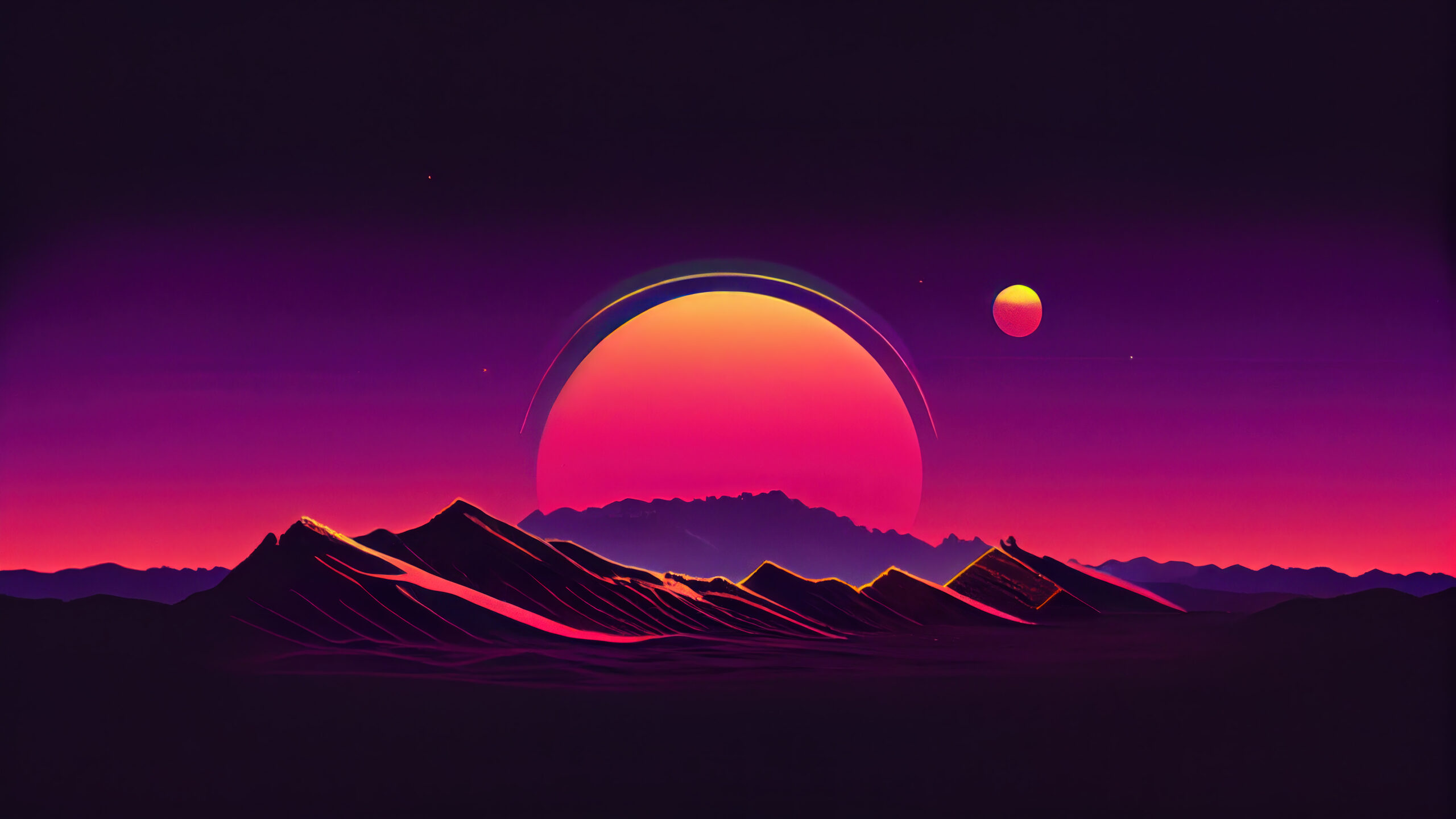 A vibrant 4K wallpaper featuring a mountainous landscape under a large, glowing, ringed planet and a smaller, distant planet in a gradient purple and pink sky