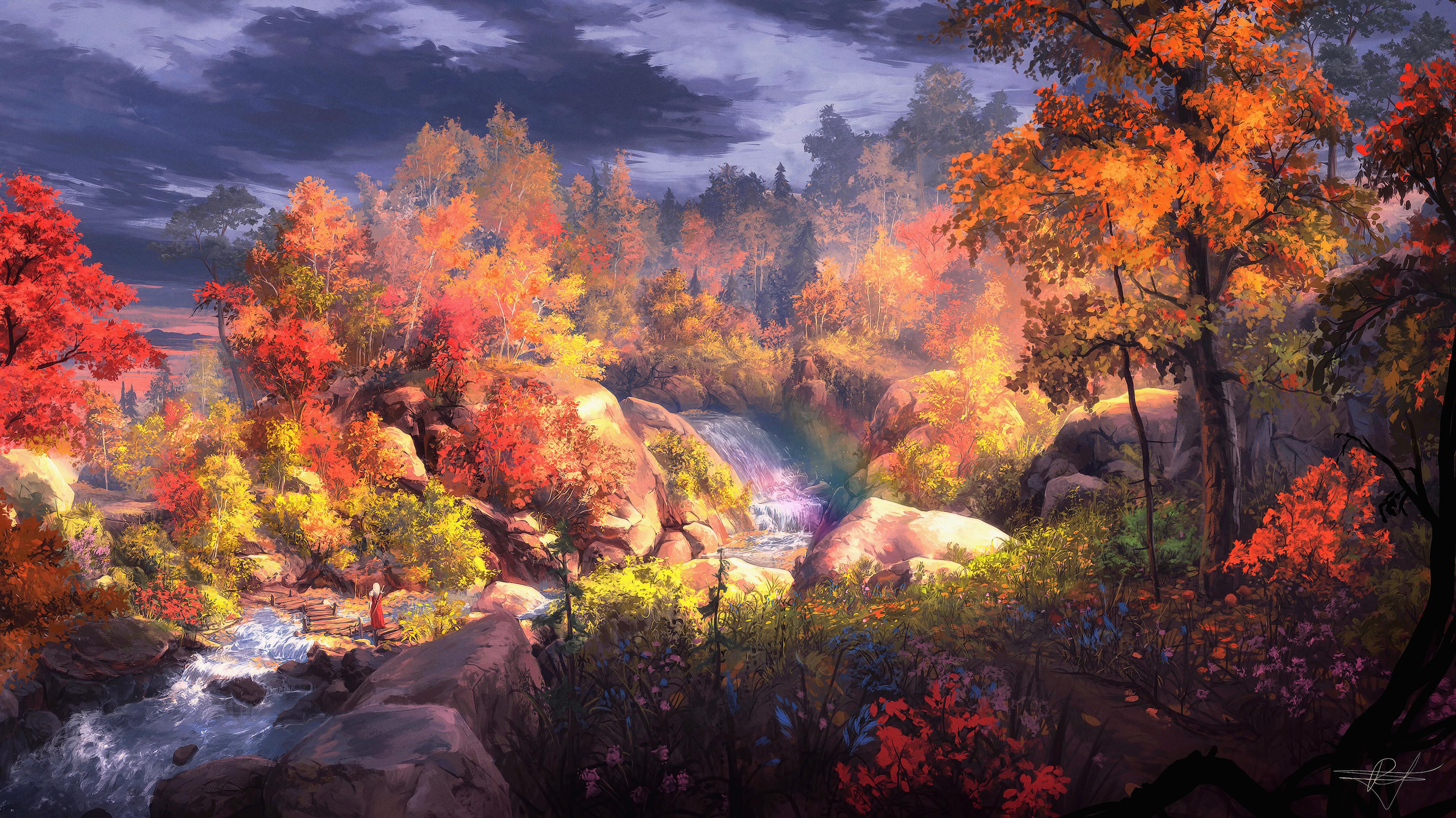 Fantasy painting Beautiful forest in Autumn season