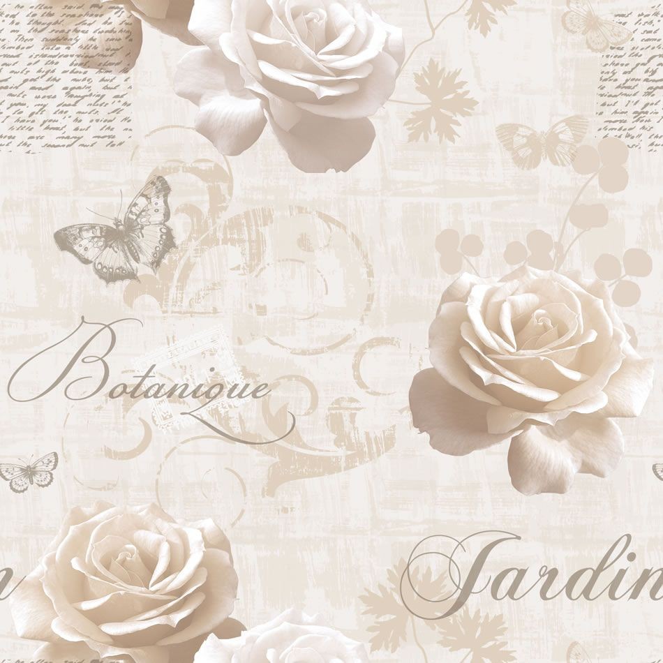 Botanical Garden Rose Butterfly Script Muriva Wallpaper