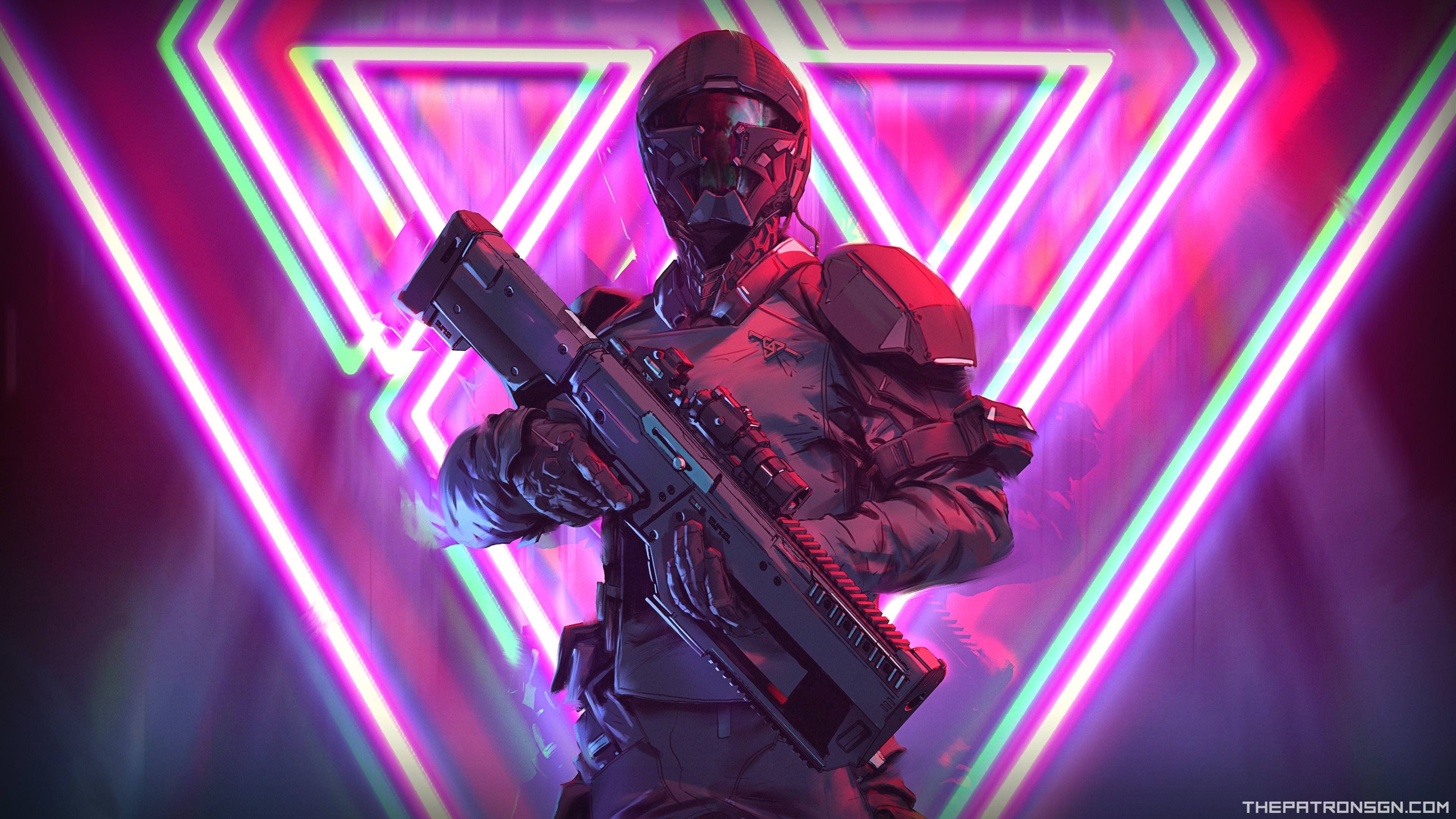 A futuristic soldier stands against a backdrop of vibrant neon triangles, gripping a high-tech weapon in a cyberpunk-inspired scene