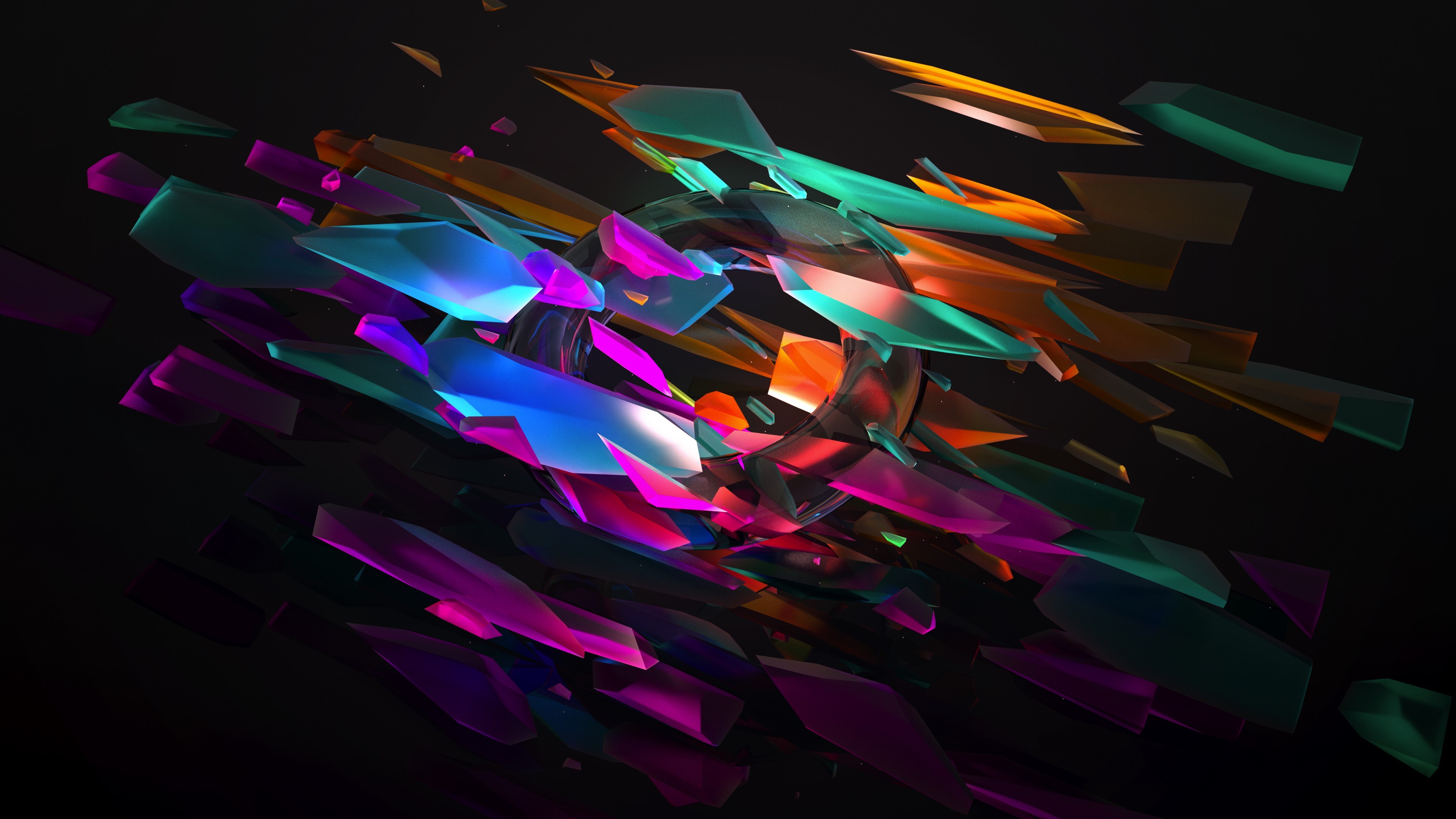 Abstract 4k wallpaper featuring a dynamic explosion of colorful, shard-like shapes surrounding a central ring against a dark background
