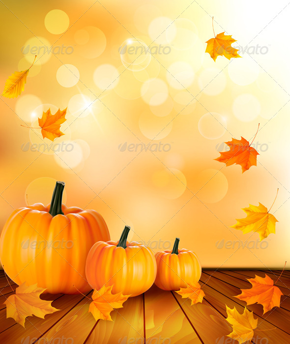 Pumpkins On Wooden Background With Leaves Seasons Nature