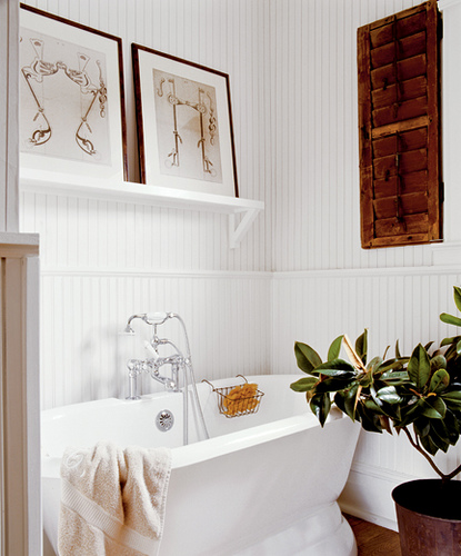 Classic White Bathroom Striped Wallpaper Wood Accents A Photo On