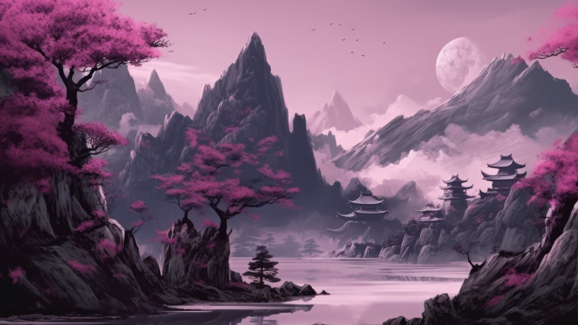 Purple Trees Mountains Japanese Painting Wallpaper