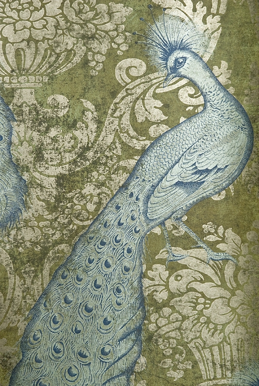 Green Damask Wallpaper With Gold Motif And Metallic Sky Blue Peacocks