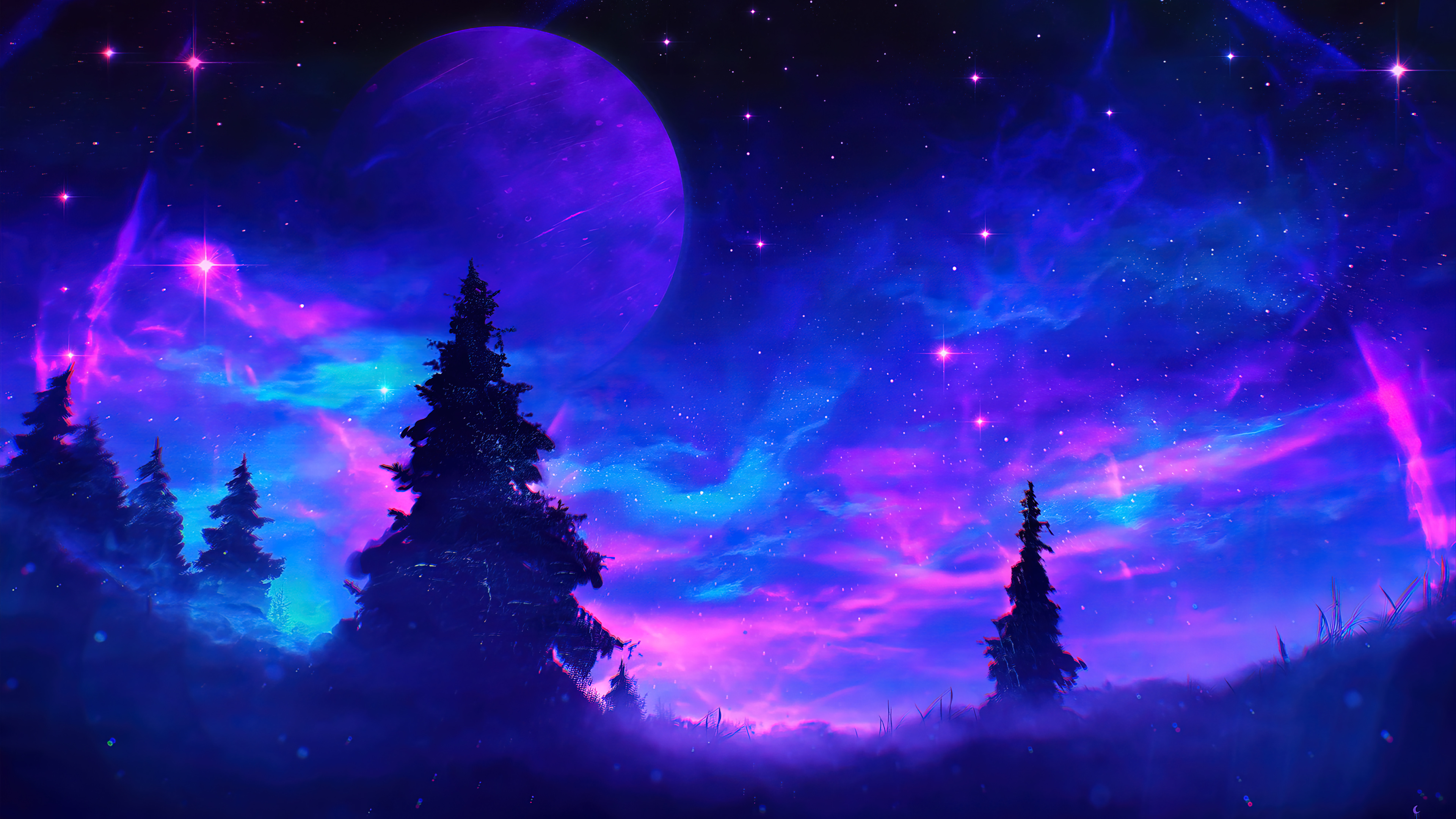 A breathtaking 4k wallpaper depicting a night sky with vibrant purple and blue hues. Silhouetted pine trees stand in the foreground, adding depth to the scene. A large, glowing moon and countless stars complete this stunning nightscape