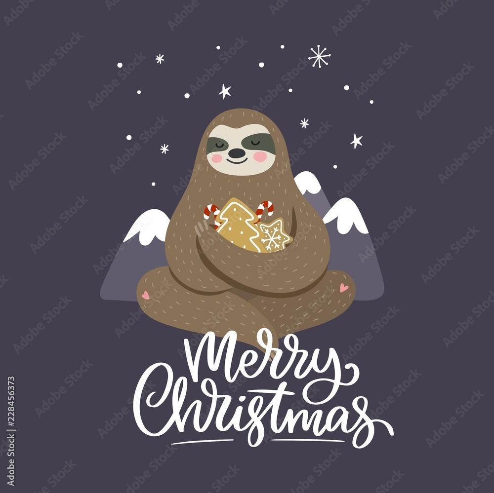 Merry Christmas card with cute sloth Hello Winter print Happy