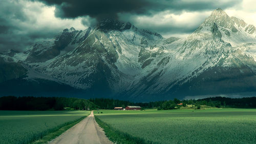 Alps Clouds Green Field Mountains Roads