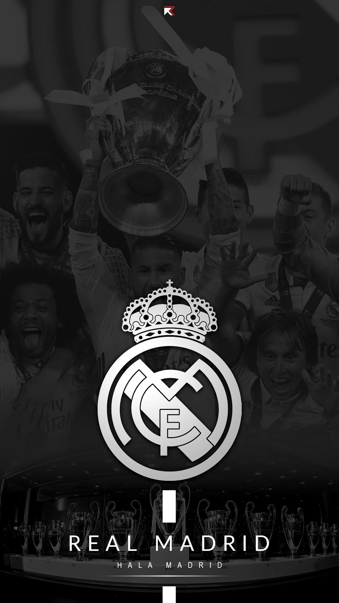 A black and white image showcasing Real Madrid's logo, players celebrating a Champions League victory with the trophy, and a display of the club's numerous Champions League trophies. Hala Madrid!