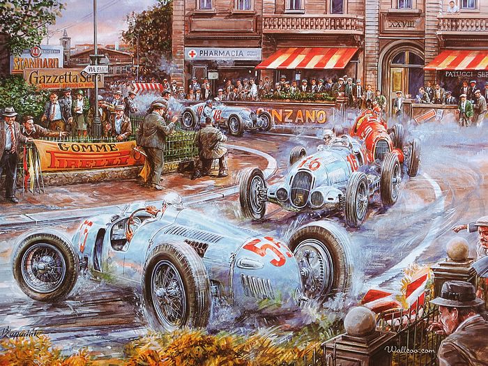 Car Racing Scene Vintage Paintings Antique Cars