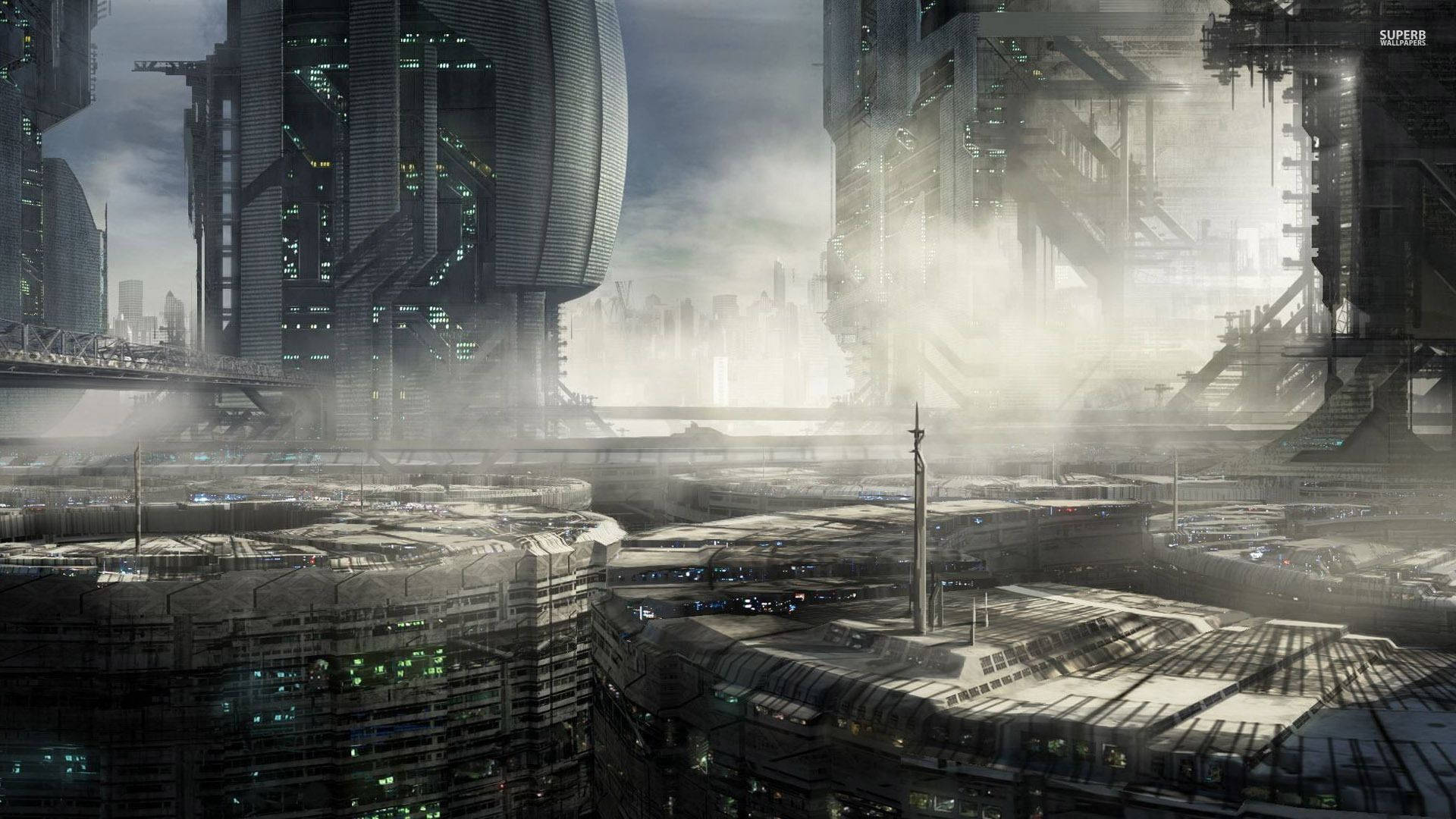 A futuristic cityscape shrouded in fog, featuring towering skyscrapers and interconnected structures, in a classic cyberpunk style