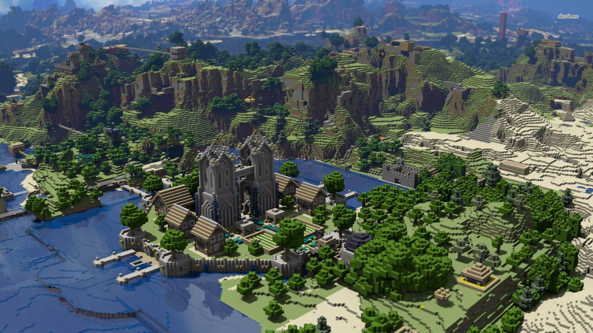 A scenic aerial view of a Minecraft village and its surroundings