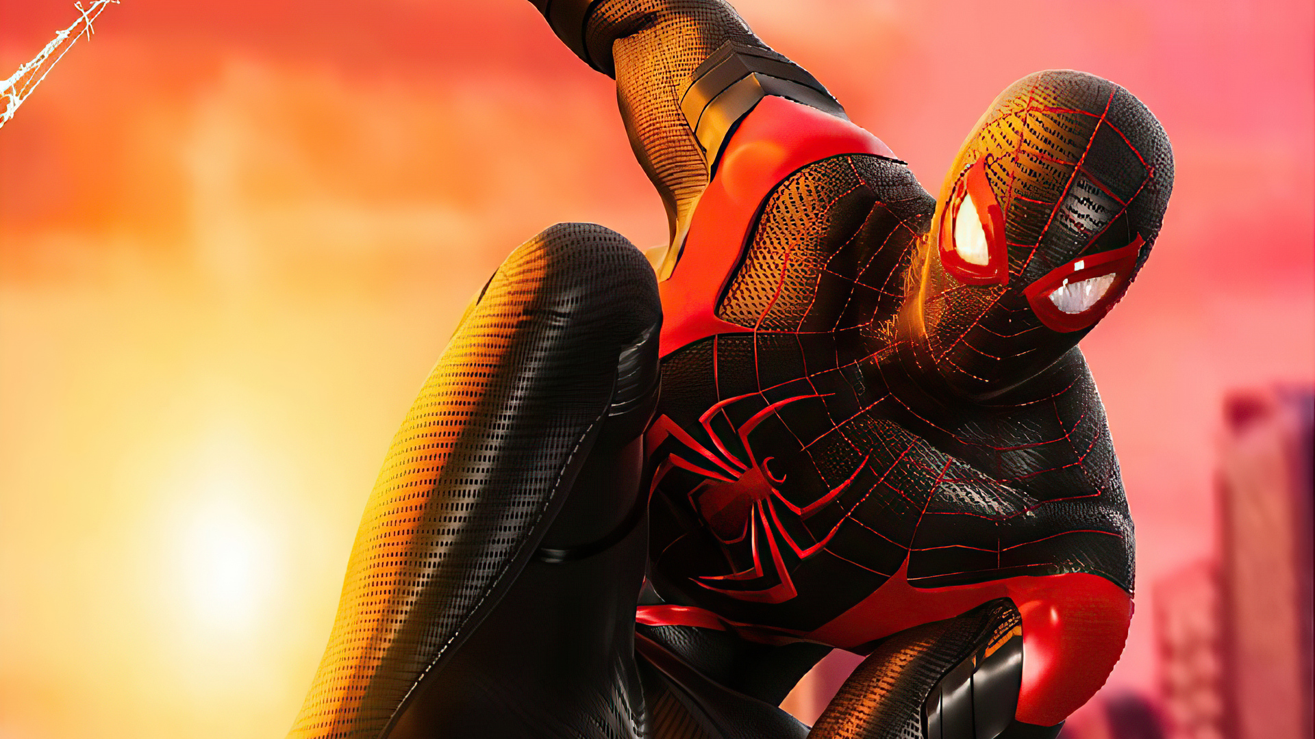 Miles Morales Spider-Man against a vibrant sunset backdrop