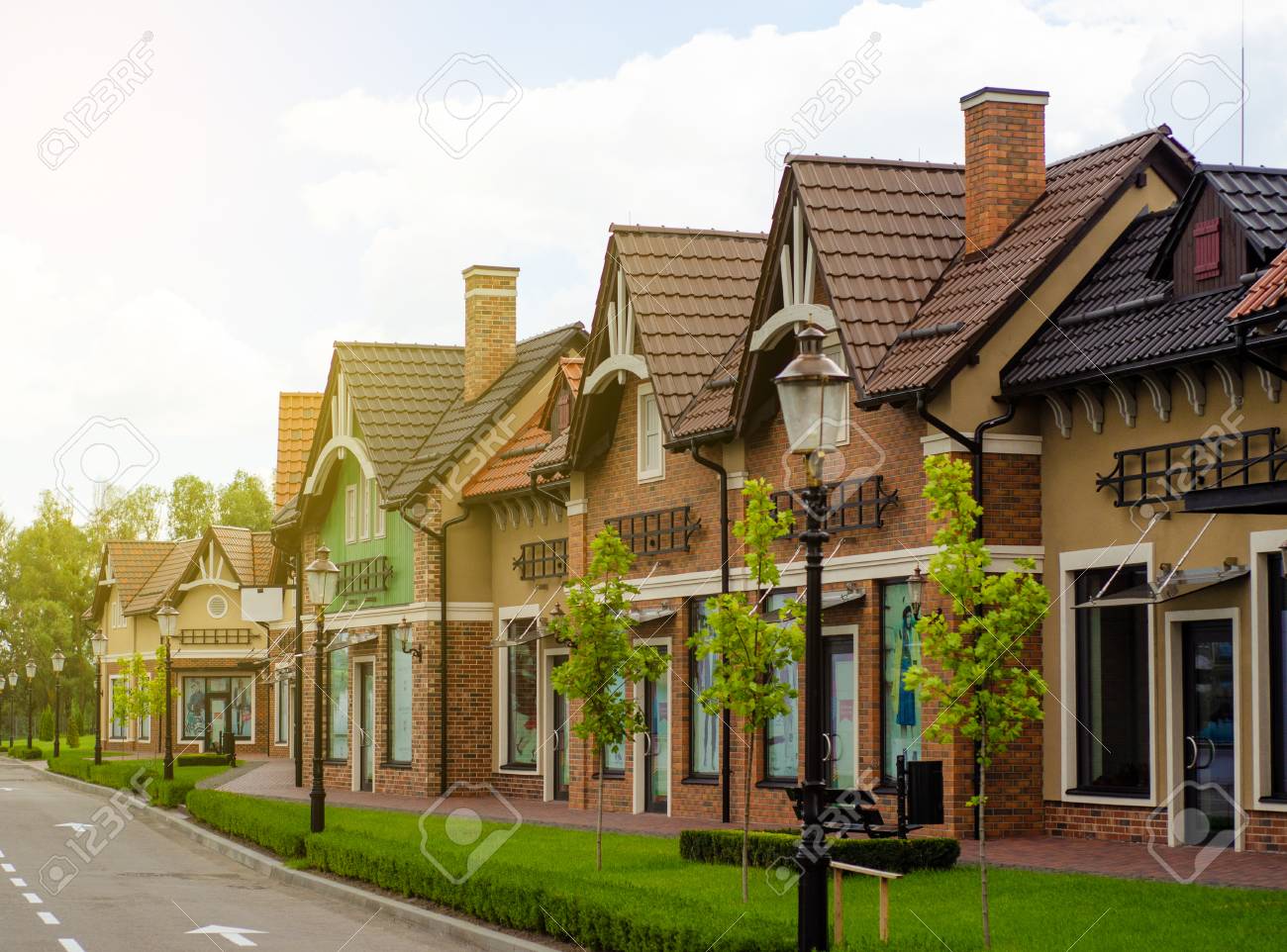 Beautiful Road With Vintage Houses Sun Nature Background Stock