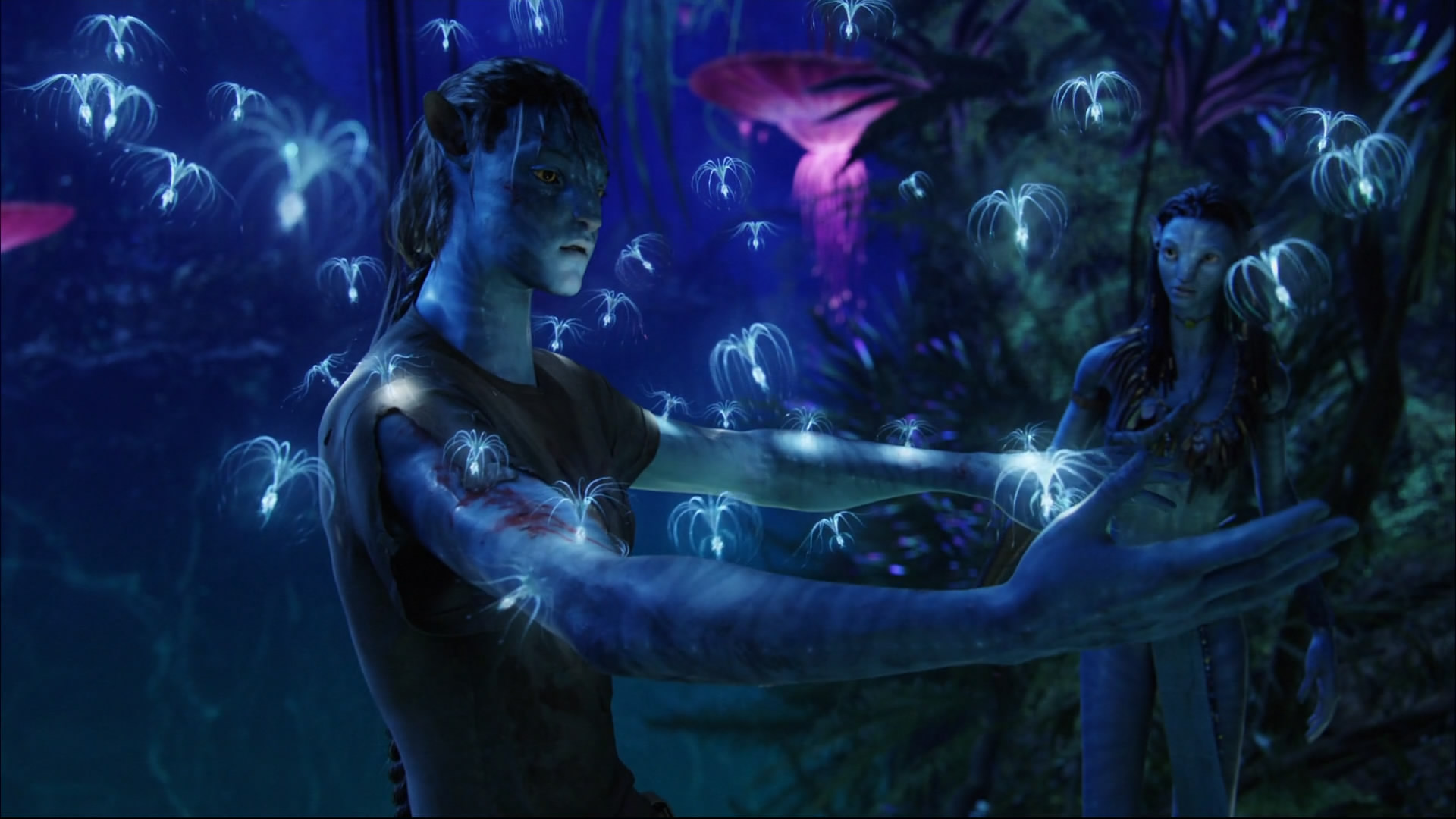 Neytiri and another Na'vi surrounded by glowing jellyfish-like creatures in a scene from the movie Avatar