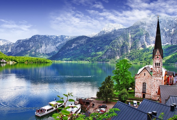Austria Mountain Alps Hallstatt Lake Boat Tree Church
