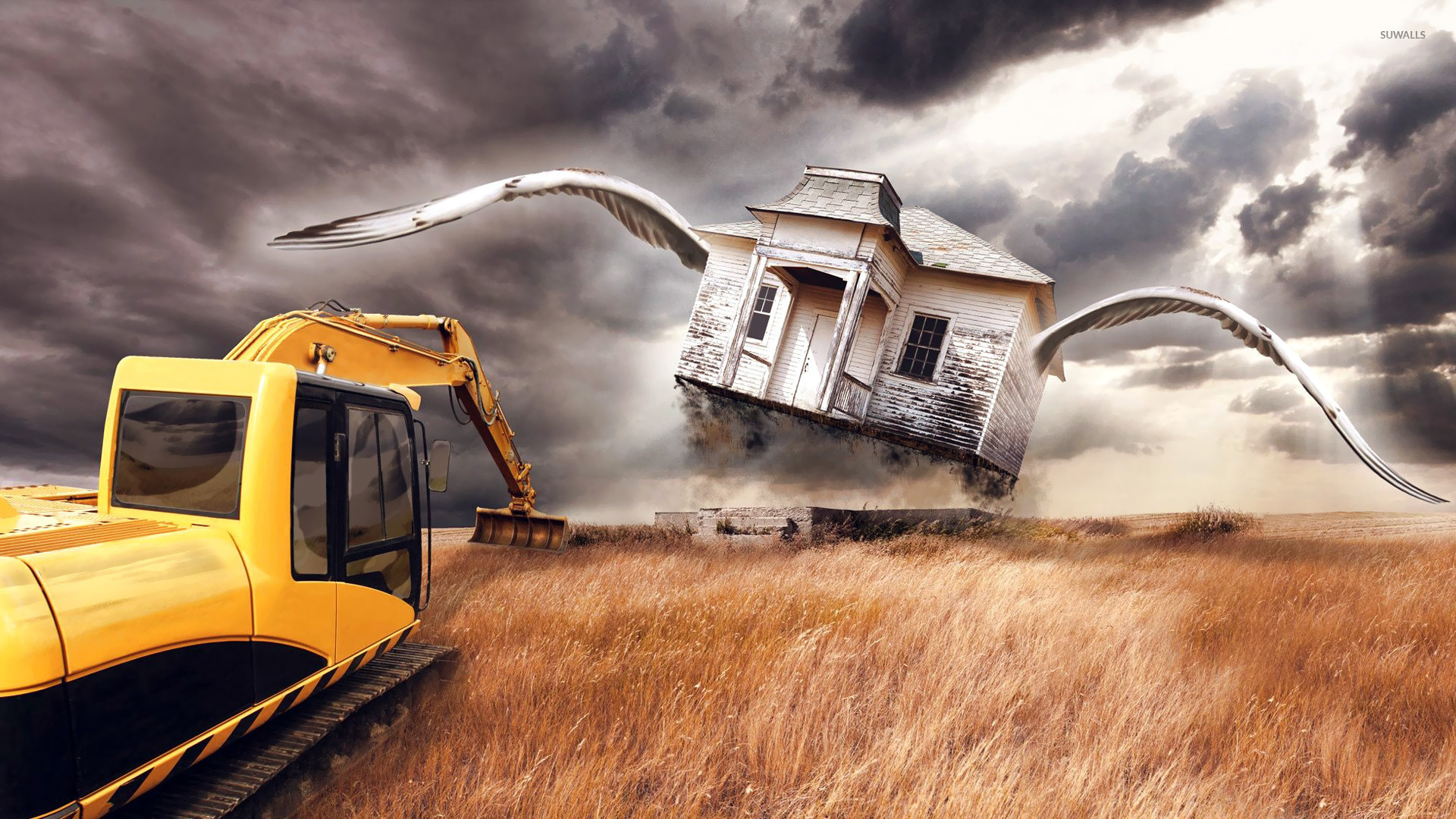 Excavator And A House With Wings Wallpaper Artistic