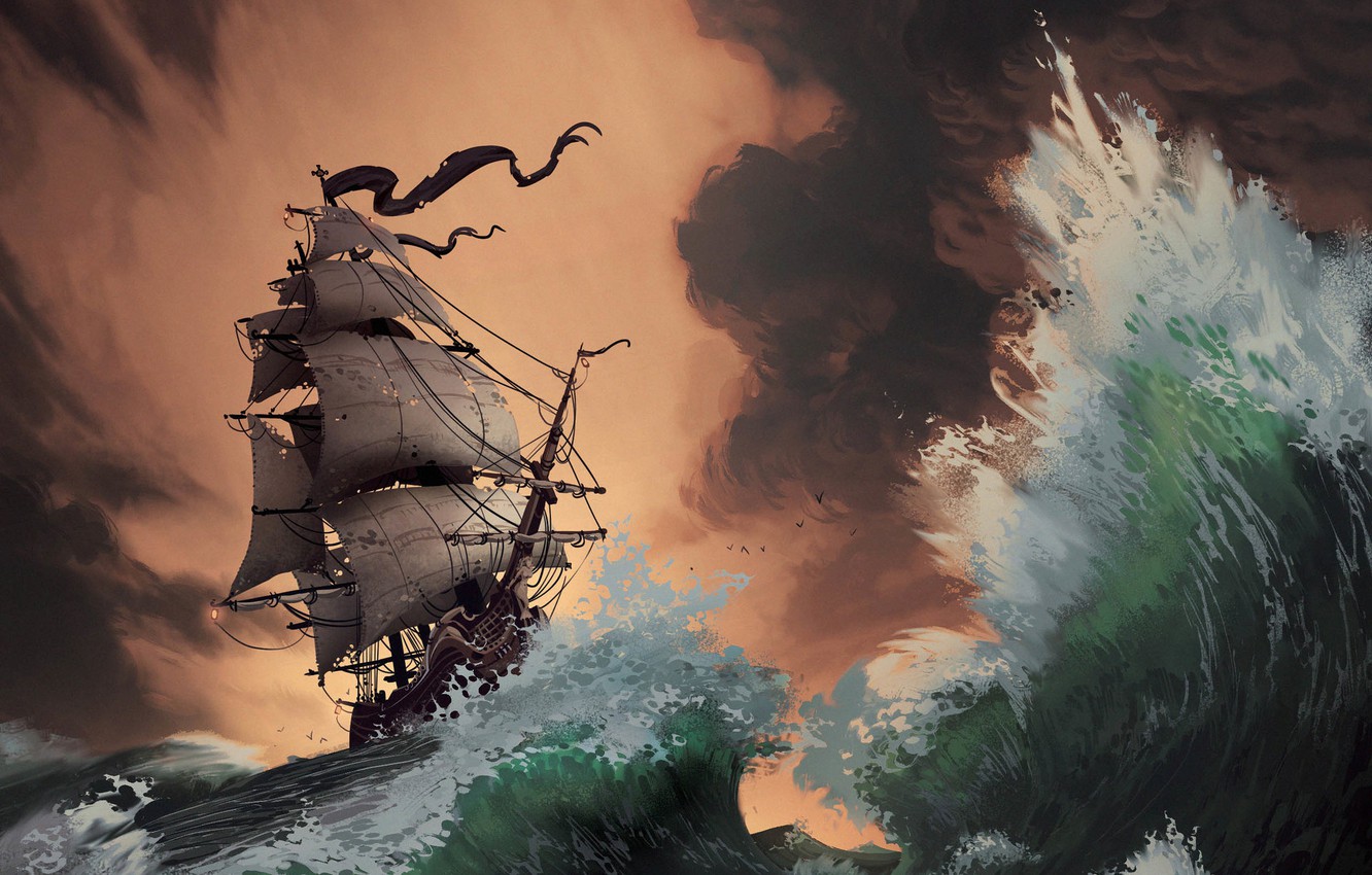 Wallpaper Sea Wave Storm Ship Sailboat Pirates Sails