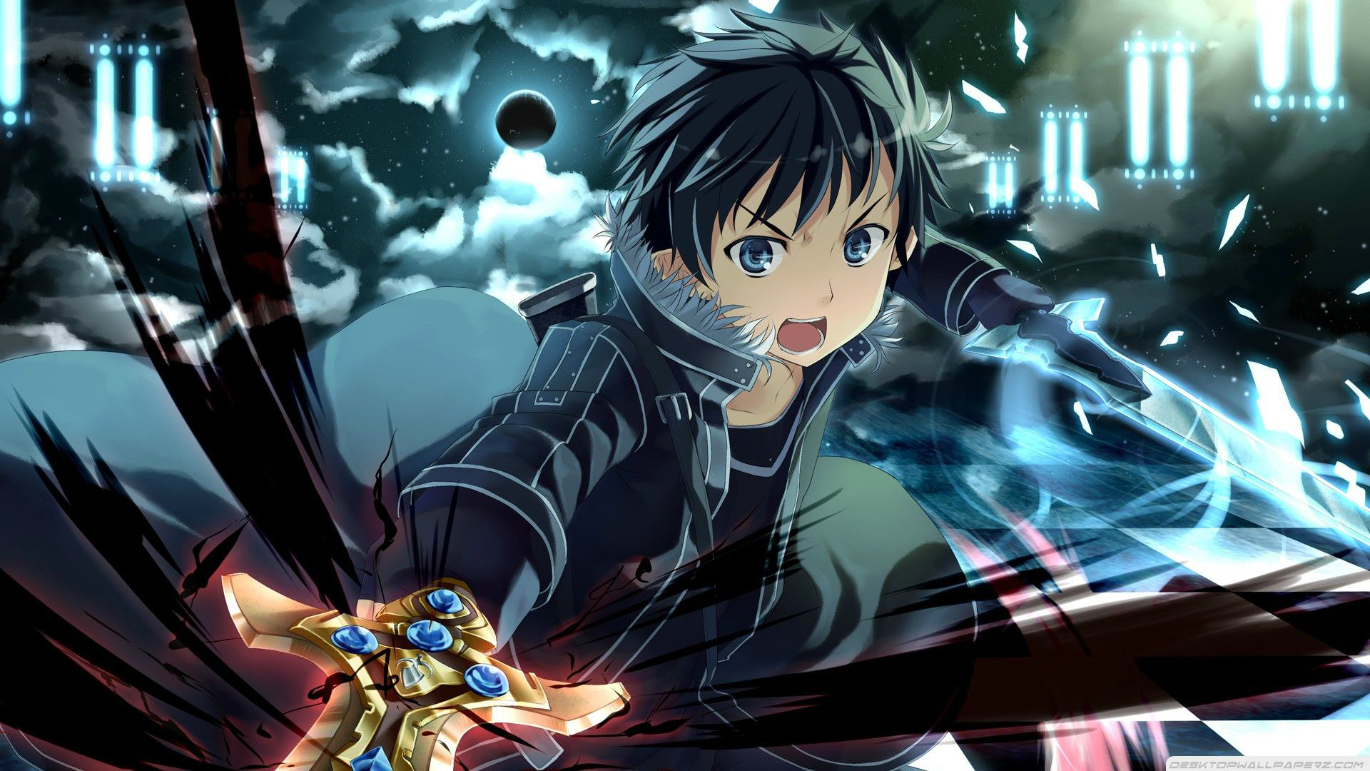 Anime boy with dark hair and blue eyes wielding a golden sword in a dynamic action scene, set against a dark, starry sky with digital elements