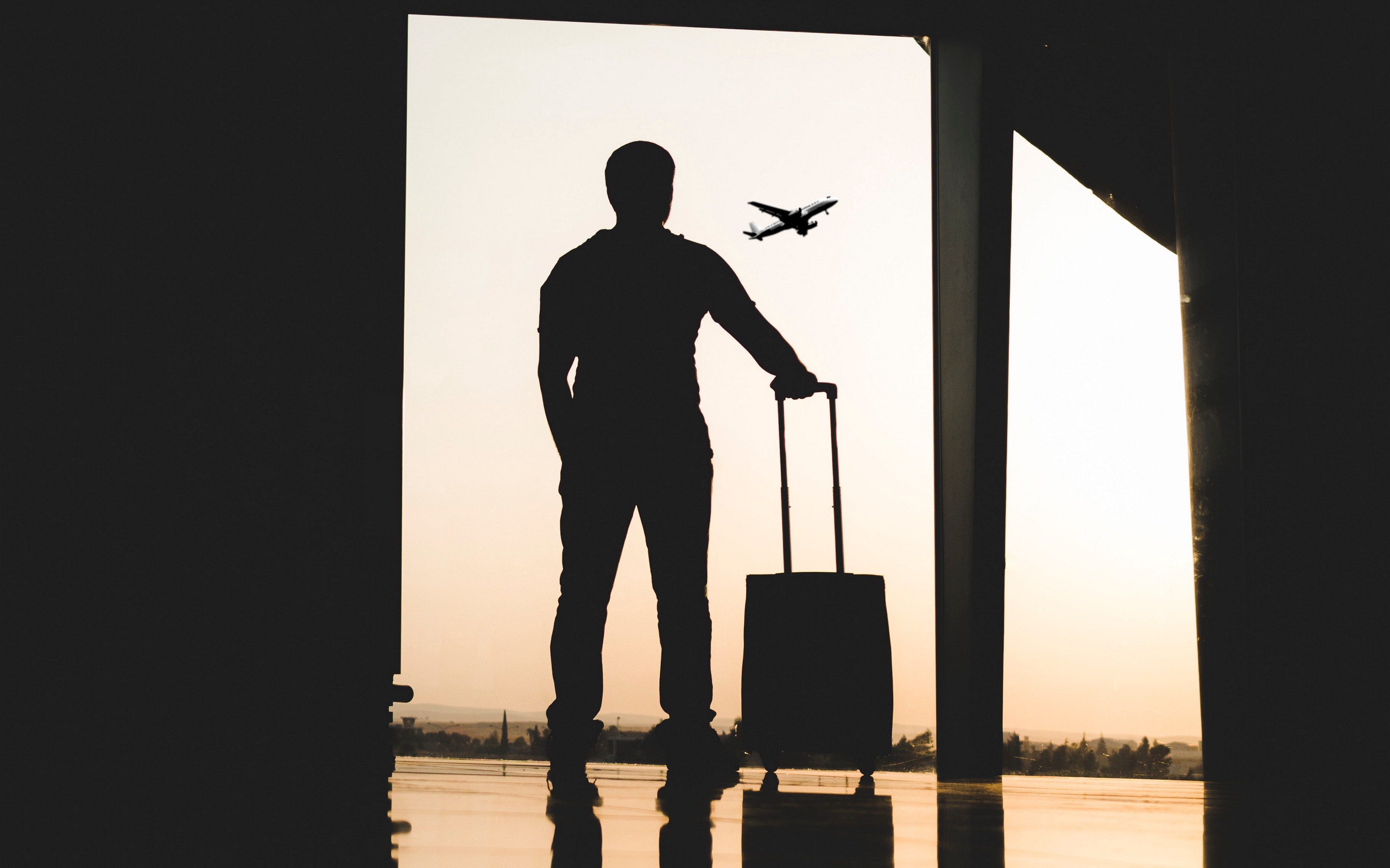 Wallpaper Man Silhouette Airport Travel Suitcase Background