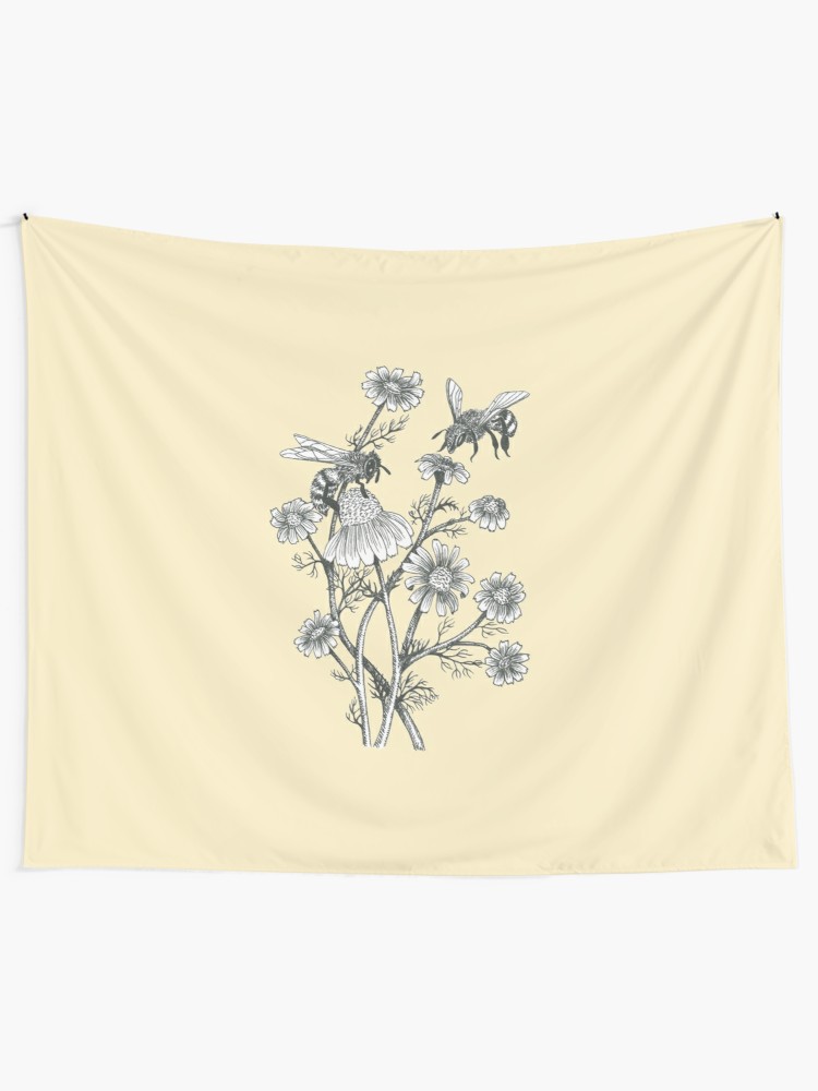 Bees And Chamomile On Honey Background Wall Tapestry By