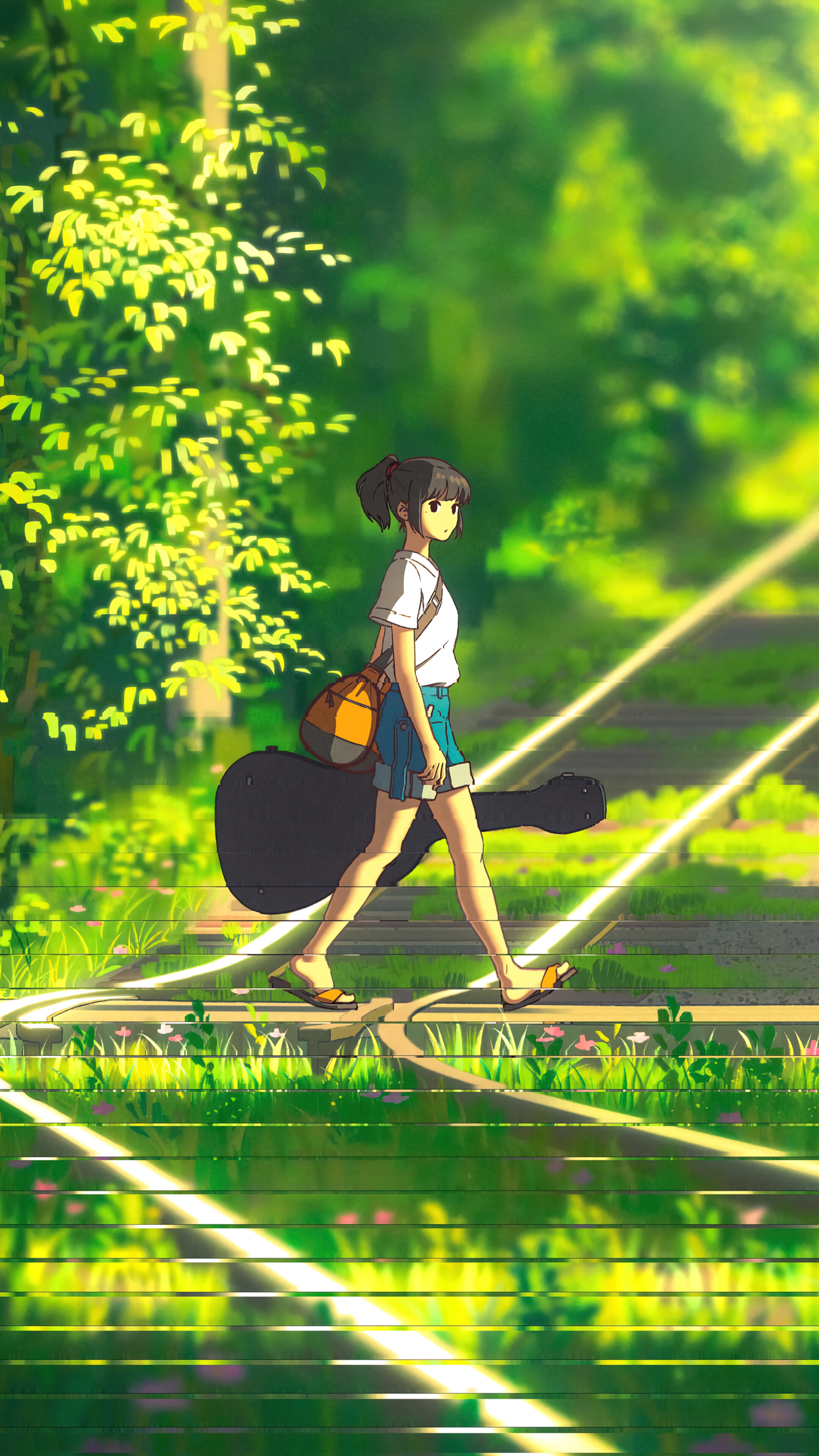 Anime Girl Walking Train Track Crossing 4K Wallpaper iPhone HD