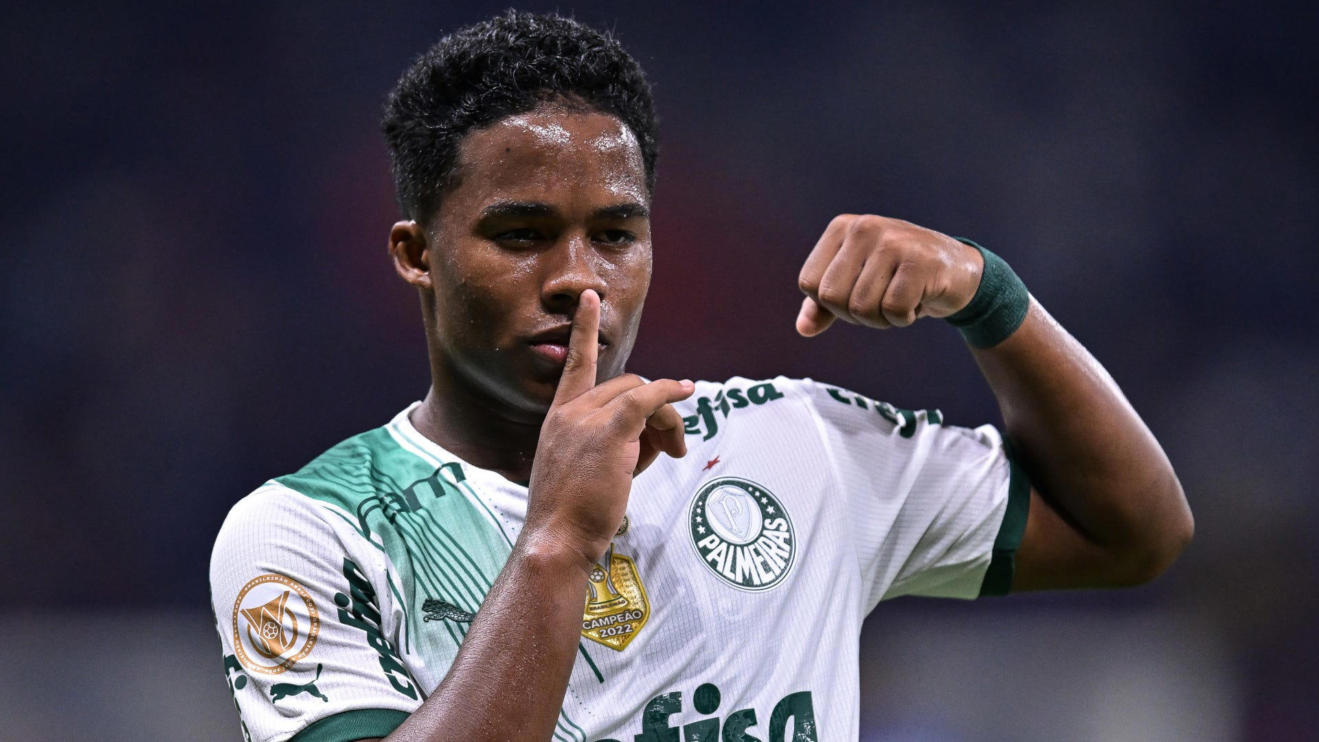 Endrick Felipe celebrates a goal for Palmeiras, placing his finger to his lips in a 
