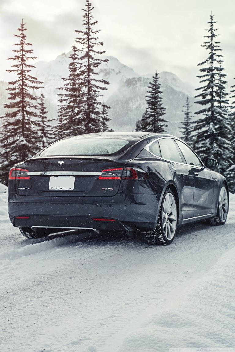 Tesla Model S Electric Car Mountain Road Snow Ultra HD Desktop