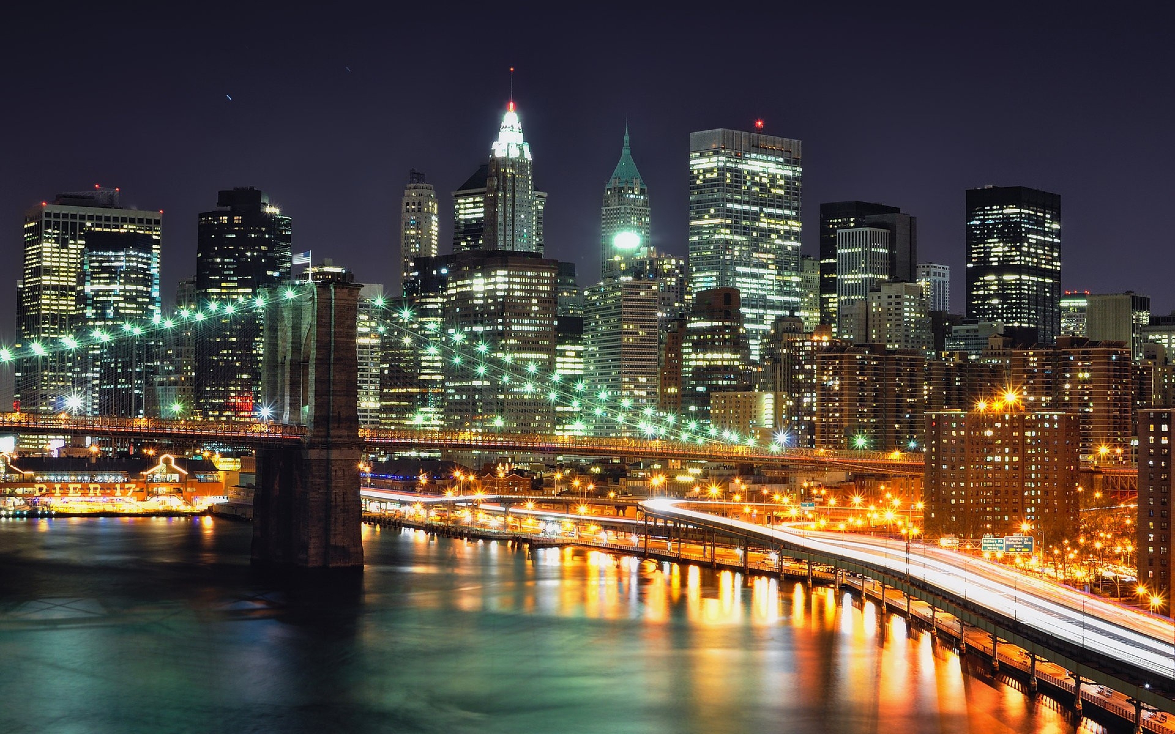 Wallpaper New York Brooklyn Bridge Night Lights